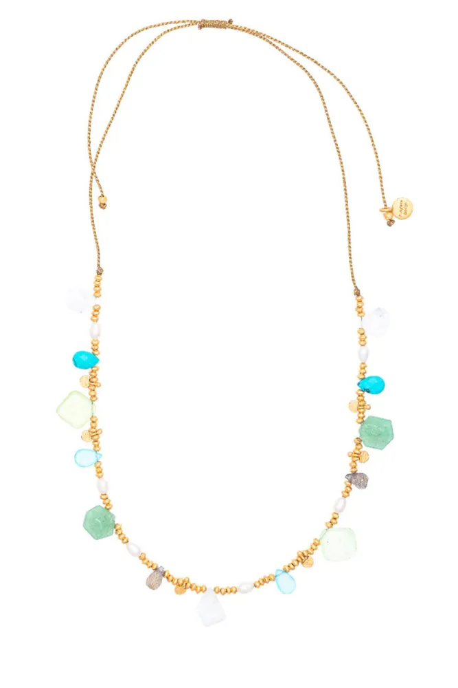 Moonstone Aventurine Turquoise Pearl & Gold Charm Necklace By Rubyteva