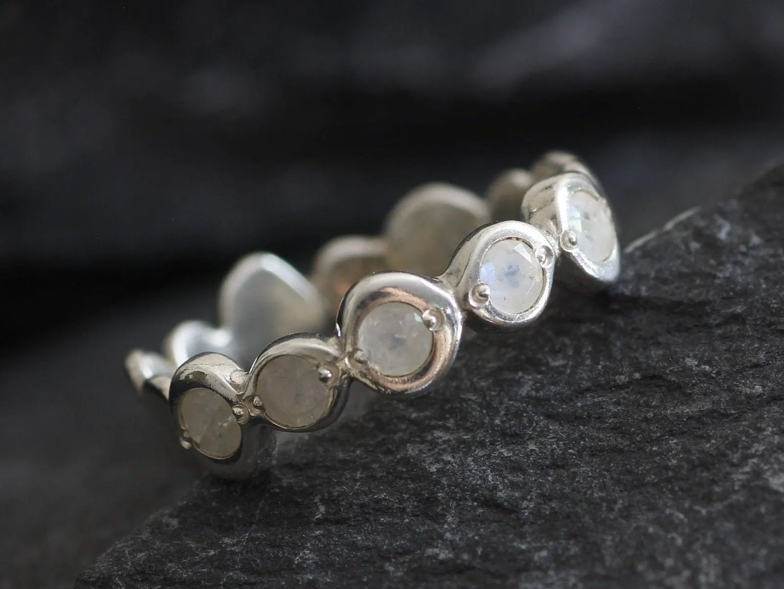 Moonstone Bubble Ring - Natural Rainbow Moonstone, Full Eternity Band