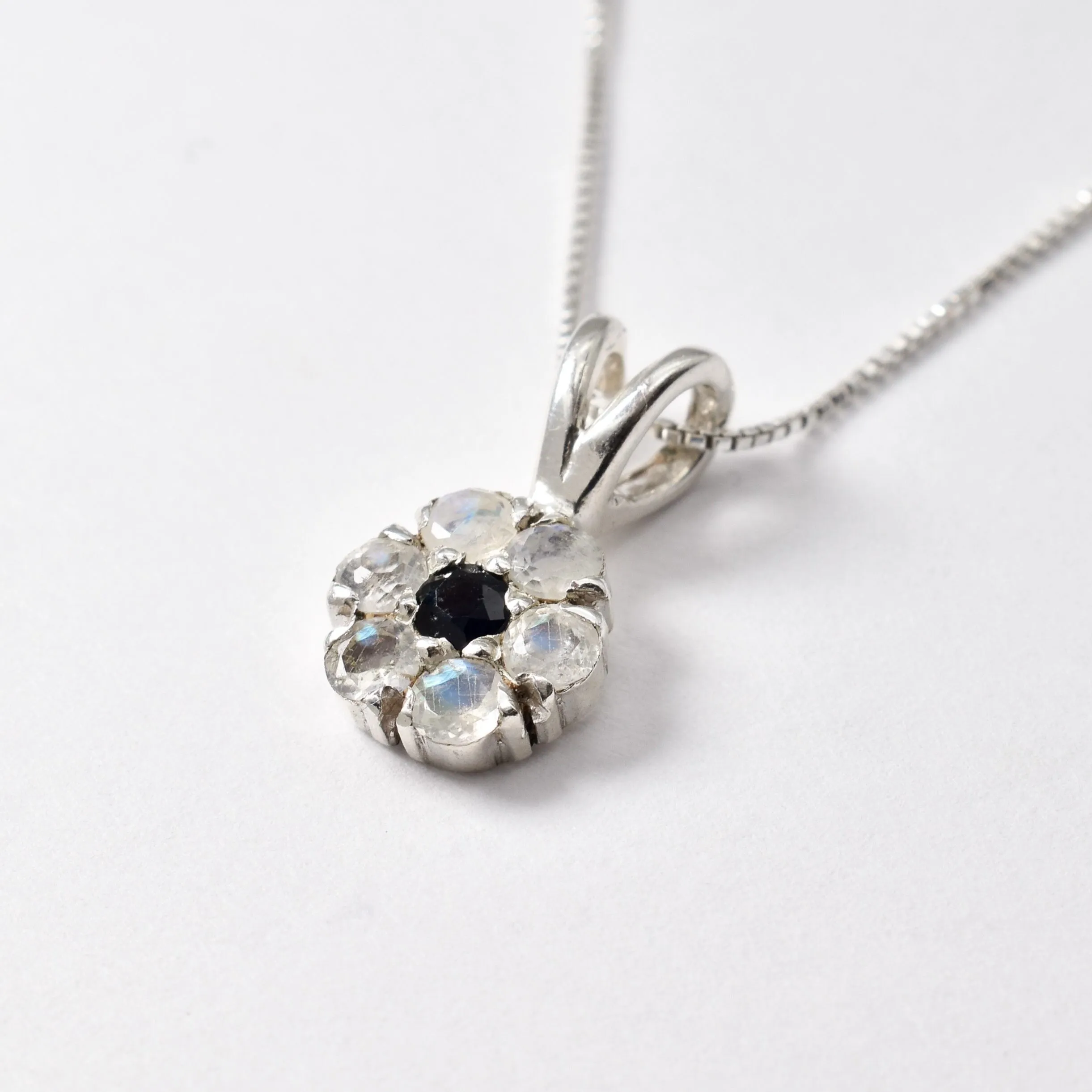 Moonstone Flower Pendant - Genuine Sapphire Necklace - White Flower Necklace