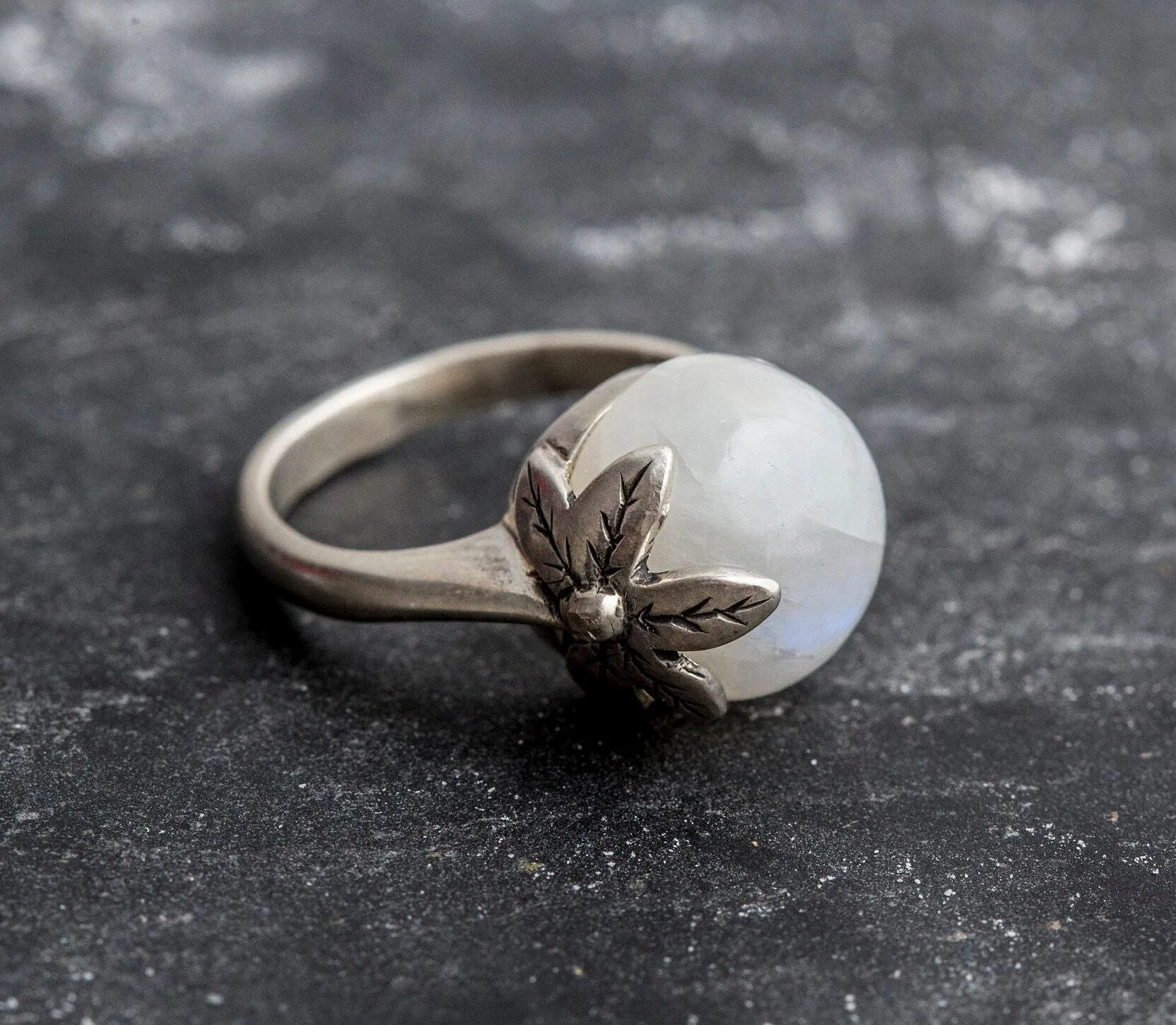 Moonstone Leaf Ring - Statement Boho Ring - Round Moonstone Ring