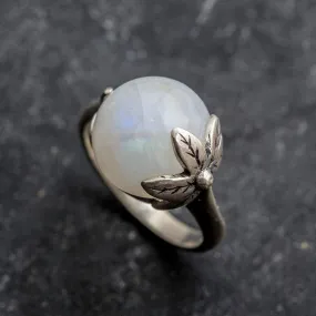 Moonstone Leaf Ring - Statement Boho Ring - Round Moonstone Ring