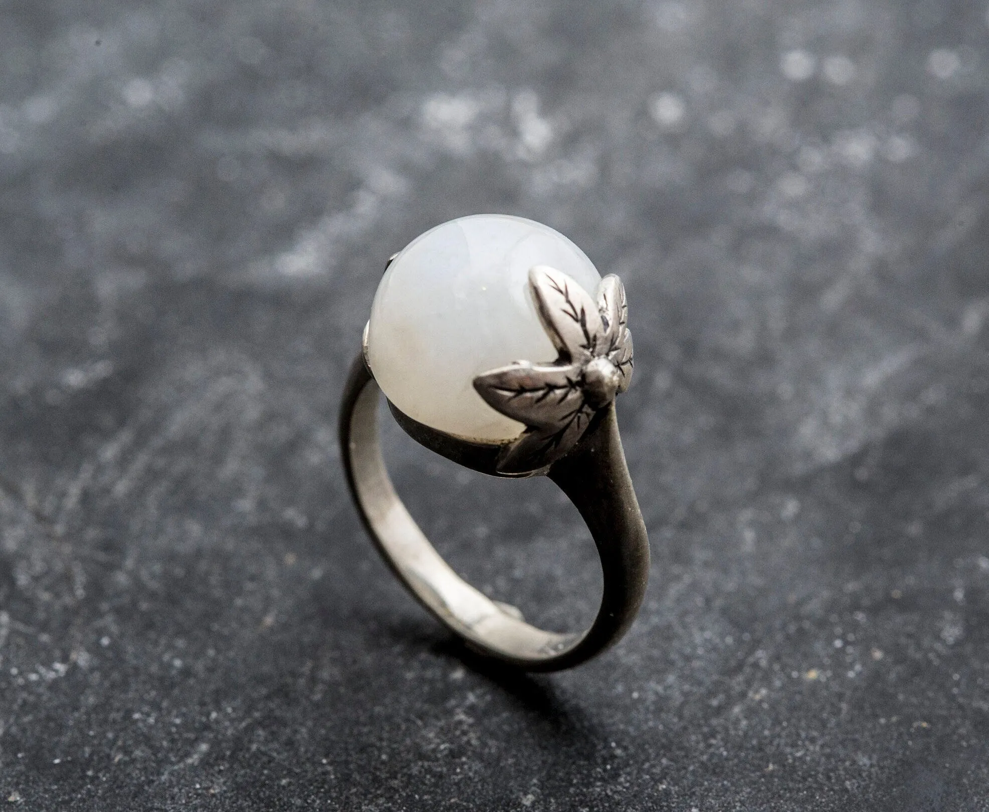 Moonstone Leaf Ring - Statement Boho Ring - Round Moonstone Ring