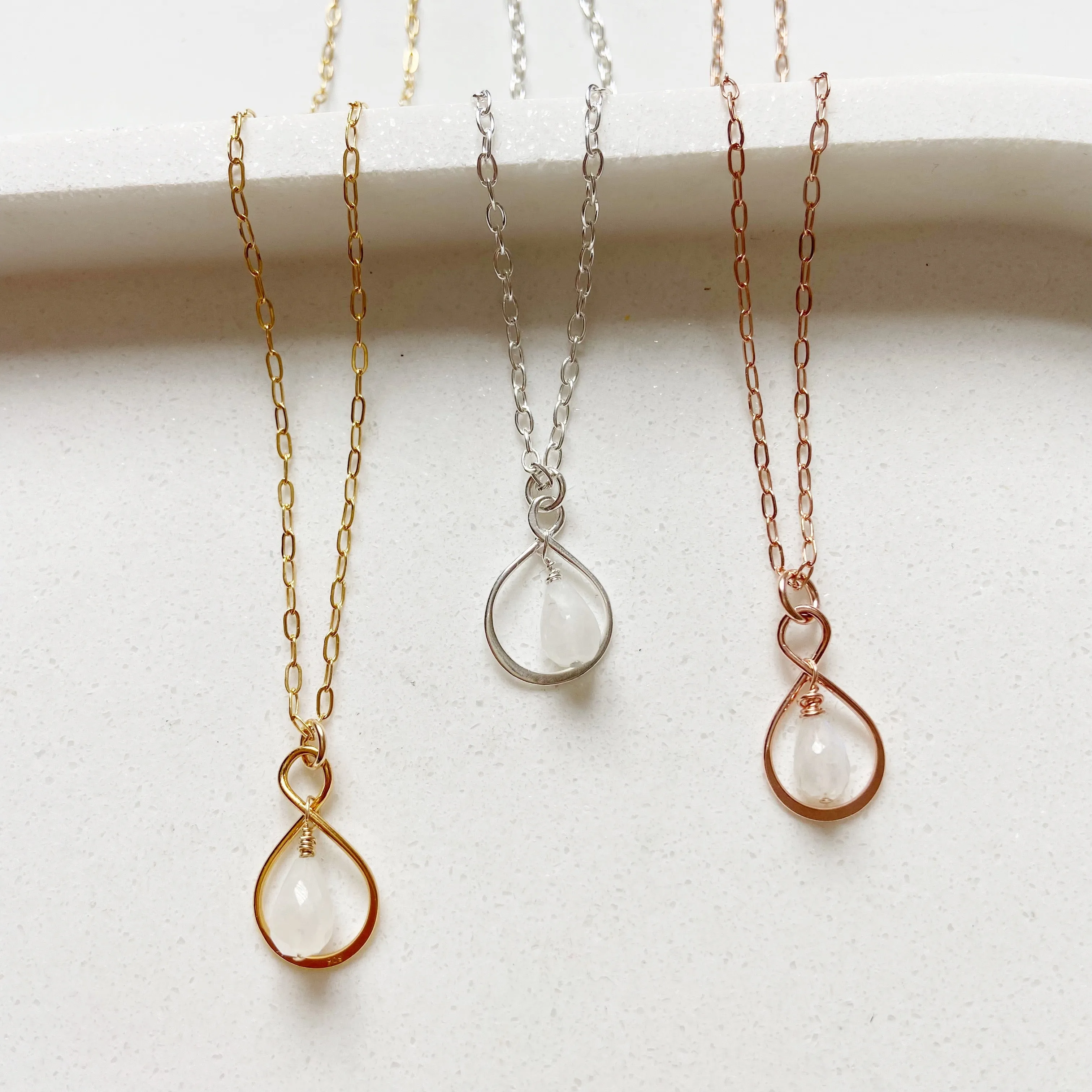 Moonstone Teardrop Infinity Mid Length Necklace in Gold, Silver, or Rose Gold (18 inches)