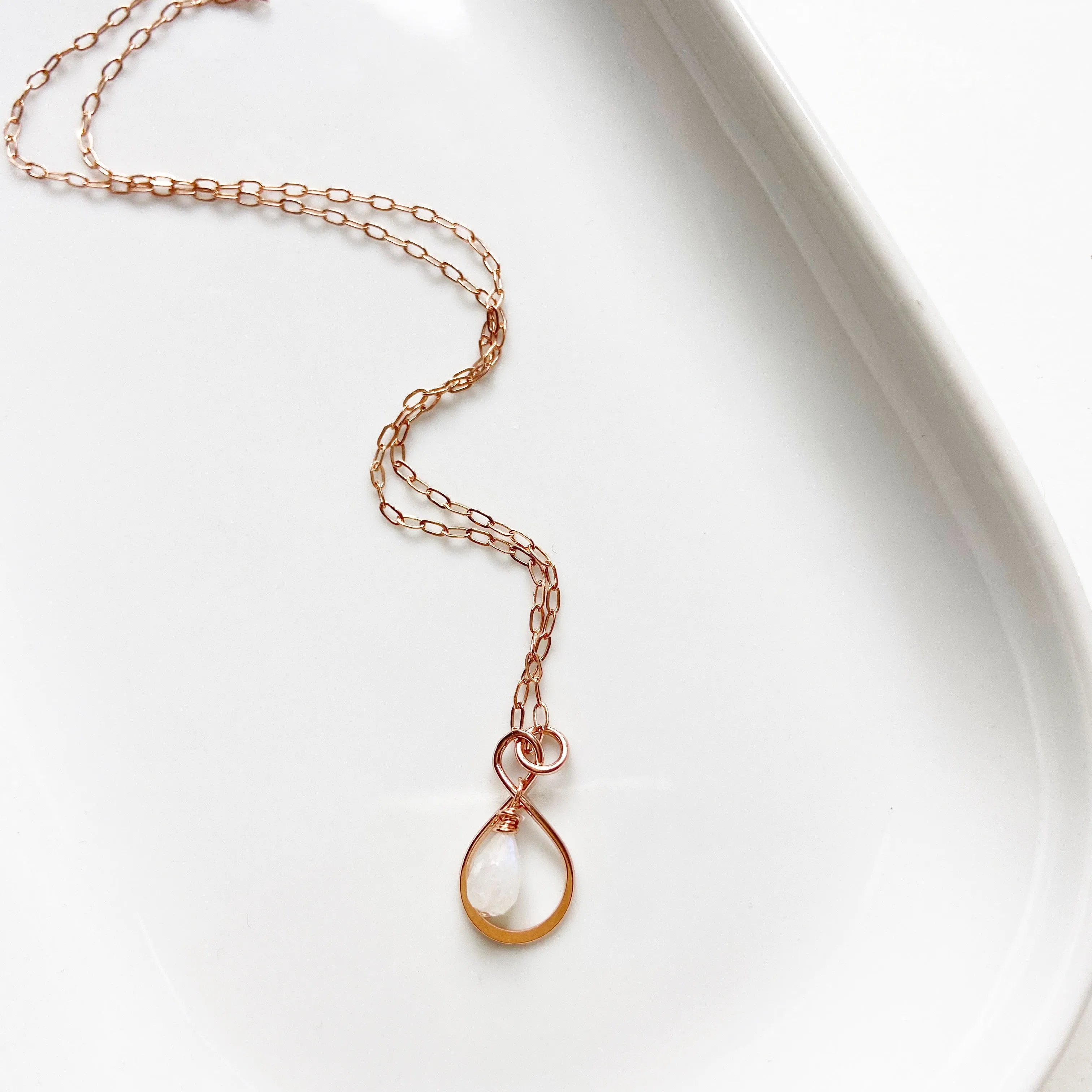 Moonstone Teardrop Infinity Mid Length Necklace in Gold, Silver, or Rose Gold (18 inches)