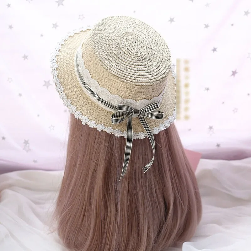 Mori Girl Sweet Lolita Sunhat Plaid Straw Caps Beautiful Sun Hat