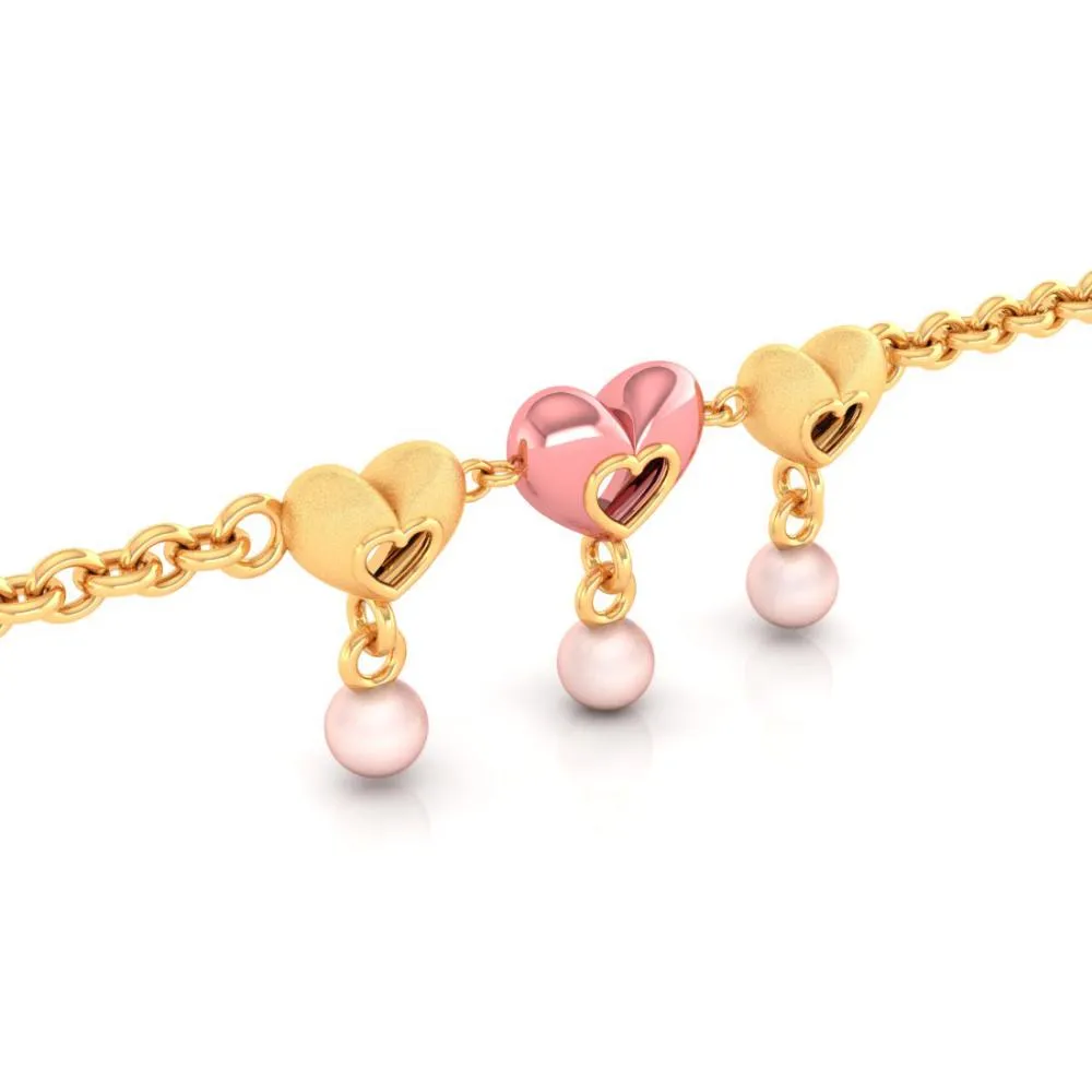 Multiple Hearts With Pink Ball 18k Gold Bracelet