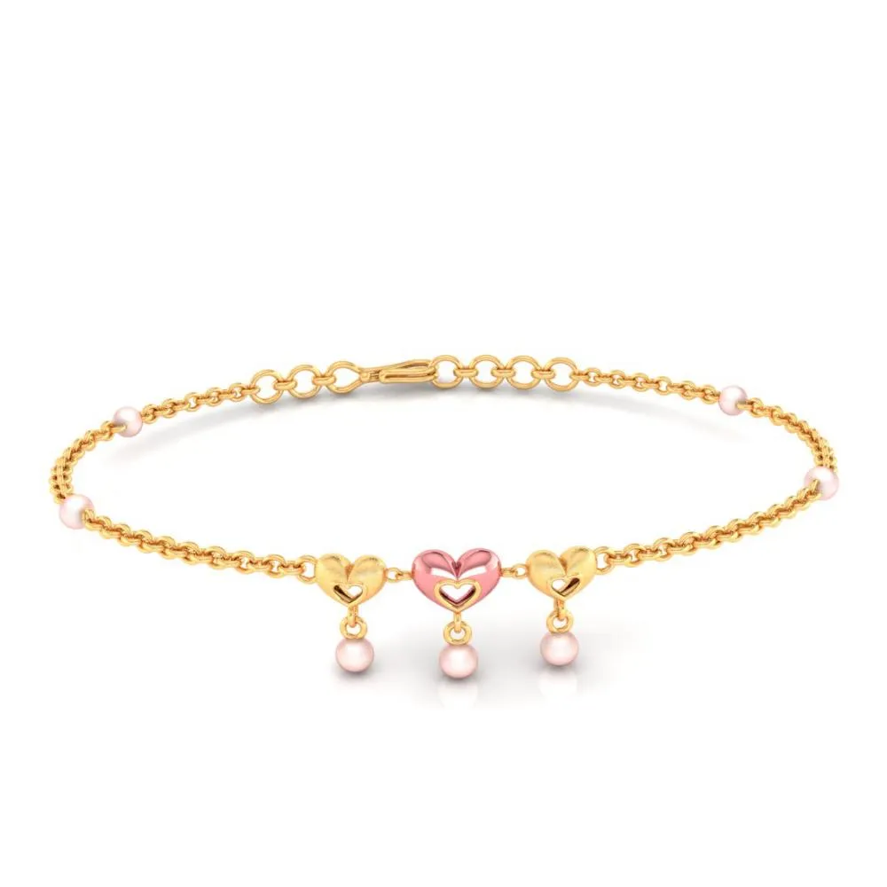 Multiple Hearts With Pink Ball 18k Gold Bracelet