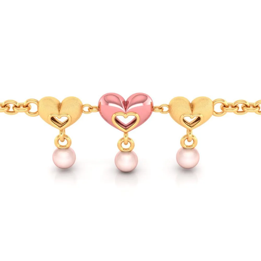 Multiple Hearts With Pink Ball 18k Gold Bracelet