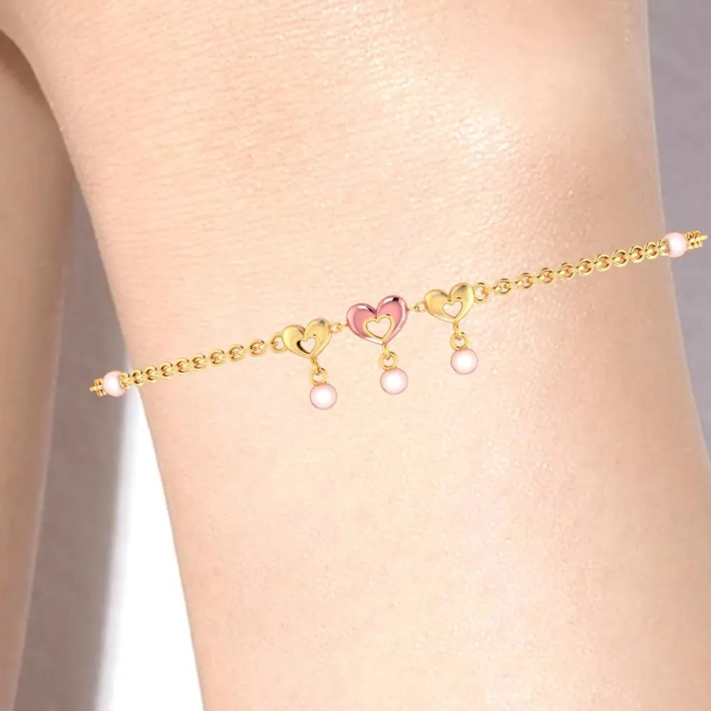 Multiple Hearts With Pink Ball 18k Gold Bracelet