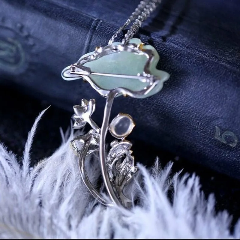 Natural Hand Carved Jade Lotus Necklace Pendant/Brooch in Thai Silver Setting