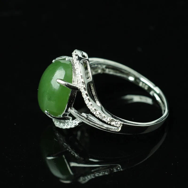 Natural Jade Ring Nephrite Silver Zircon Adjustable Ring ZNRG145