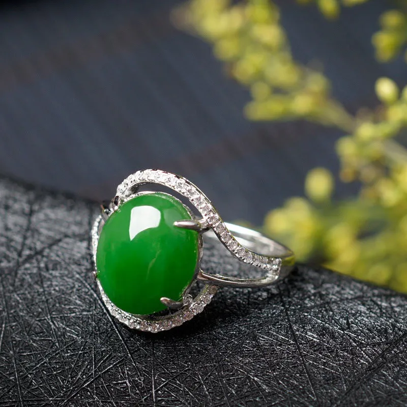 Natural Jade Ring Nephrite Silver Zircon Adjustable Ring ZNRG145