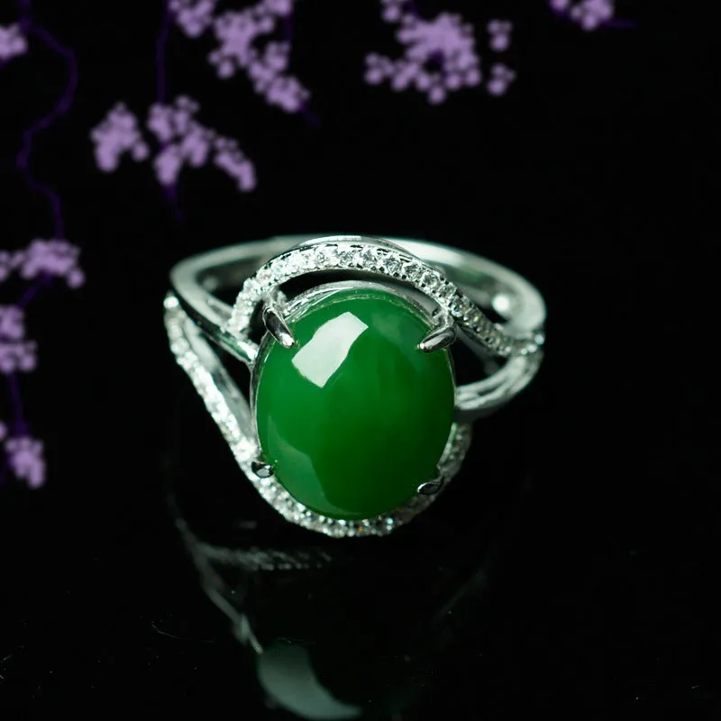 Natural Jade Ring Nephrite Silver Zircon Adjustable Ring ZNRG145