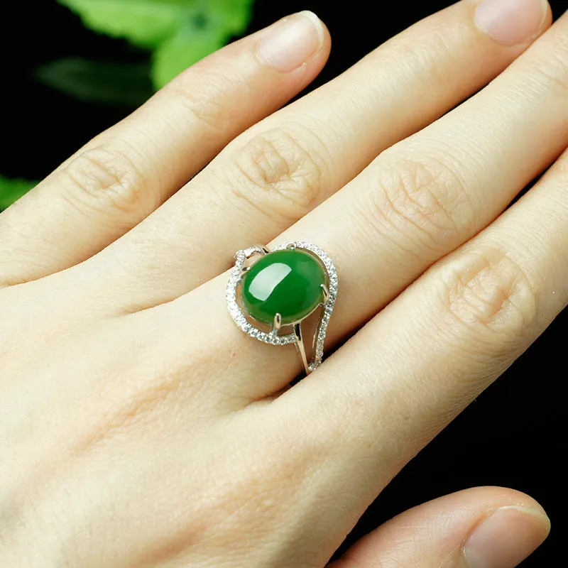 Natural Jade Ring Nephrite Silver Zircon Adjustable Ring ZNRG145