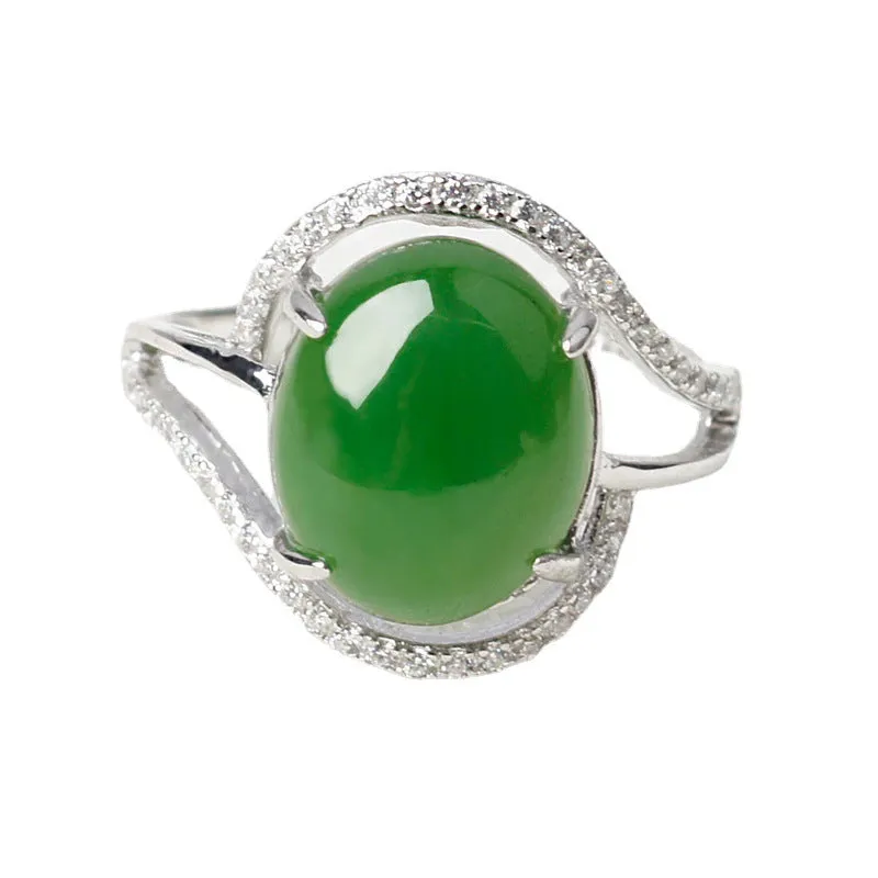 Natural Jade Ring Nephrite Silver Zircon Adjustable Ring ZNRG145