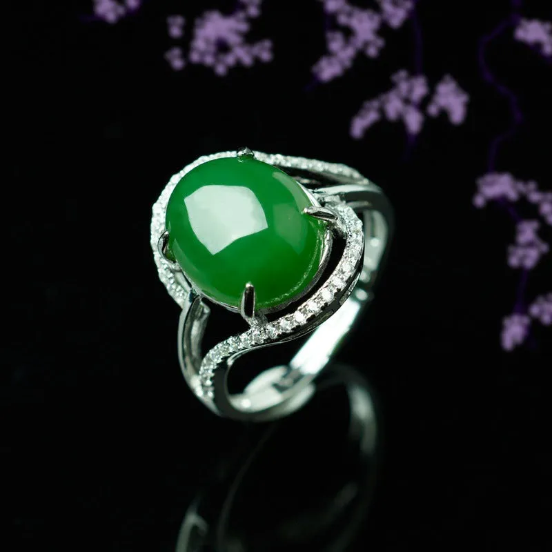 Natural Jade Ring Nephrite Silver Zircon Adjustable Ring ZNRG145