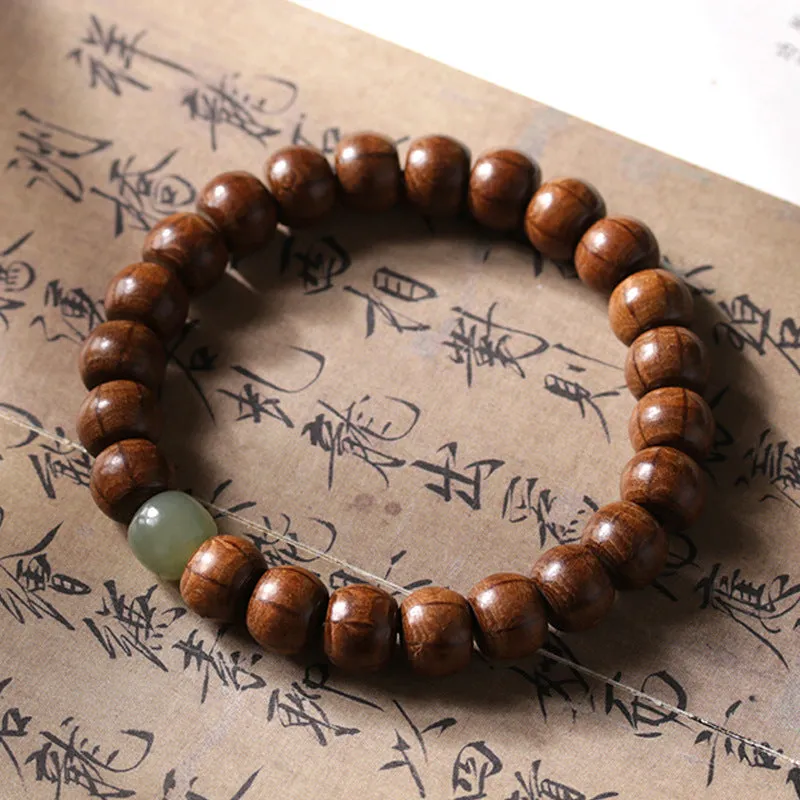 Natural Six Wooden and Jade Bracelet Set with Sterling Silver Details