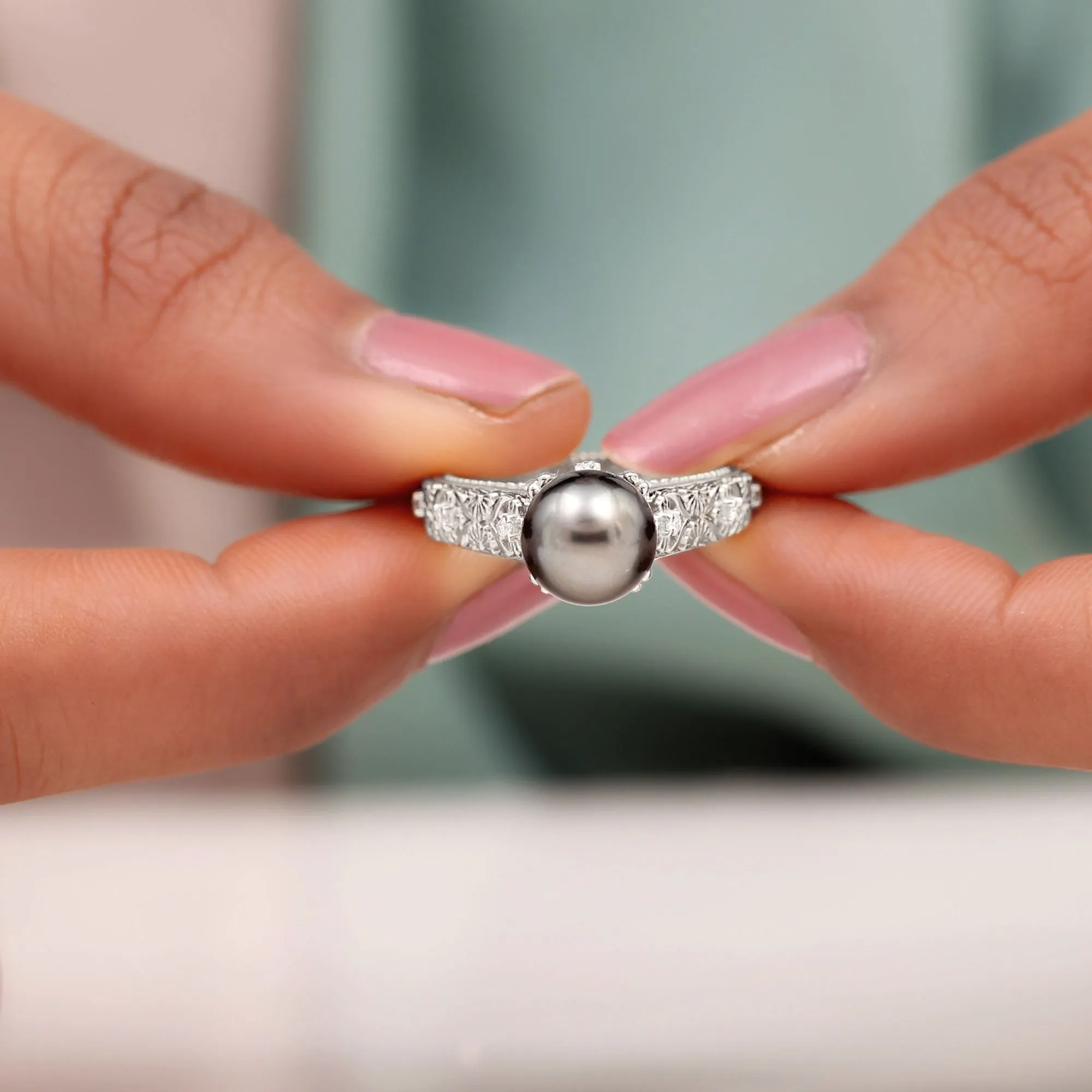 Natural Tahitian Pearl Solitaire with Diamond Filigree Ring