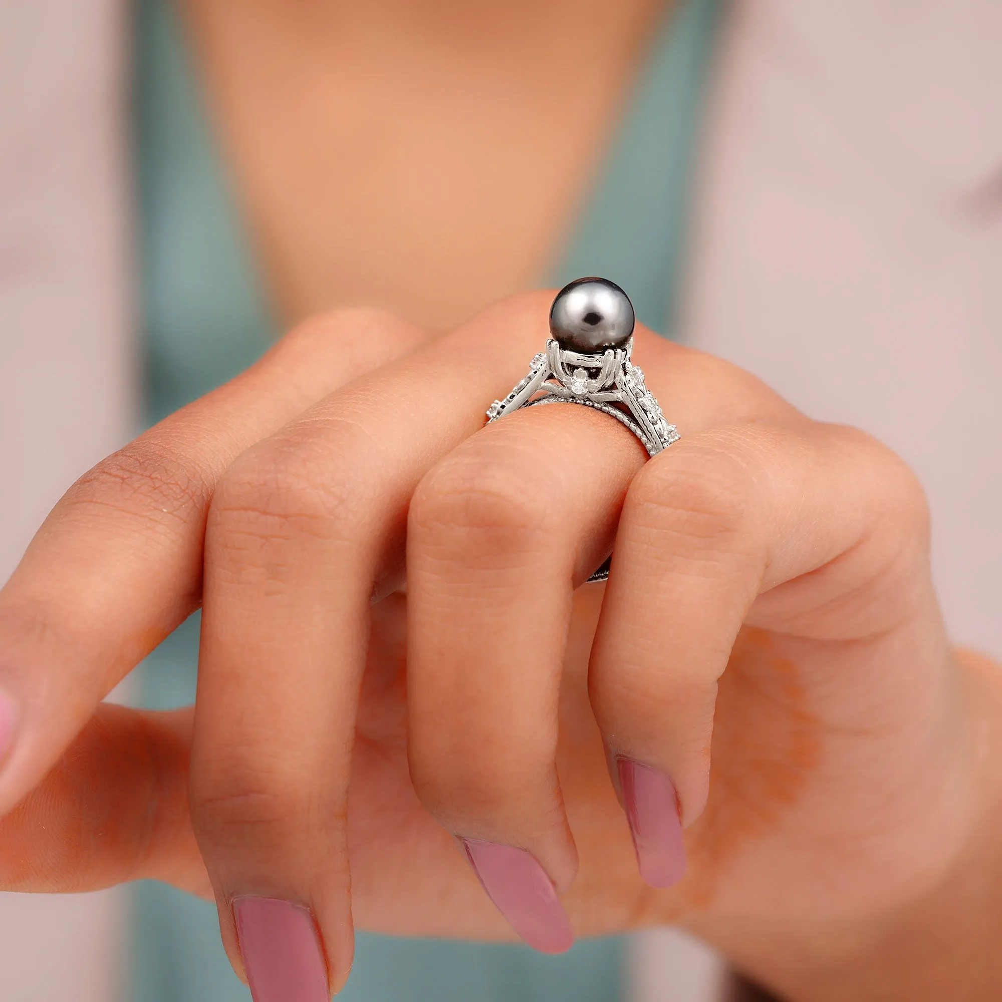 Natural Tahitian Pearl Solitaire with Diamond Filigree Ring