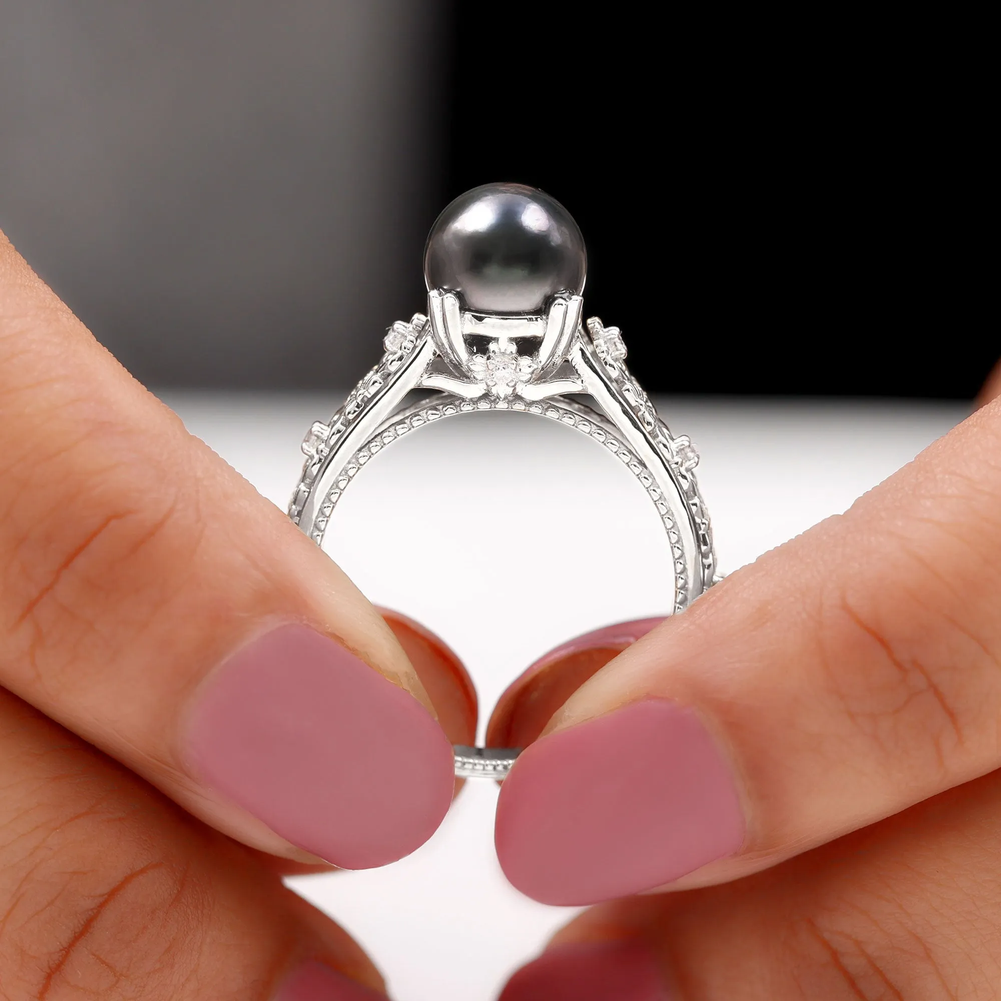 Natural Tahitian Pearl Solitaire with Diamond Filigree Ring