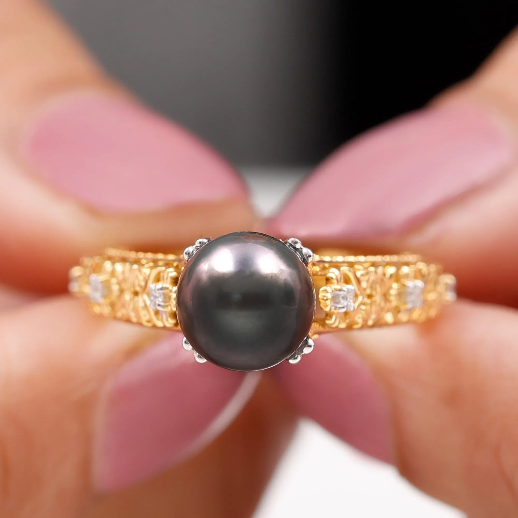 Natural Tahitian Pearl Solitaire with Diamond Filigree Ring