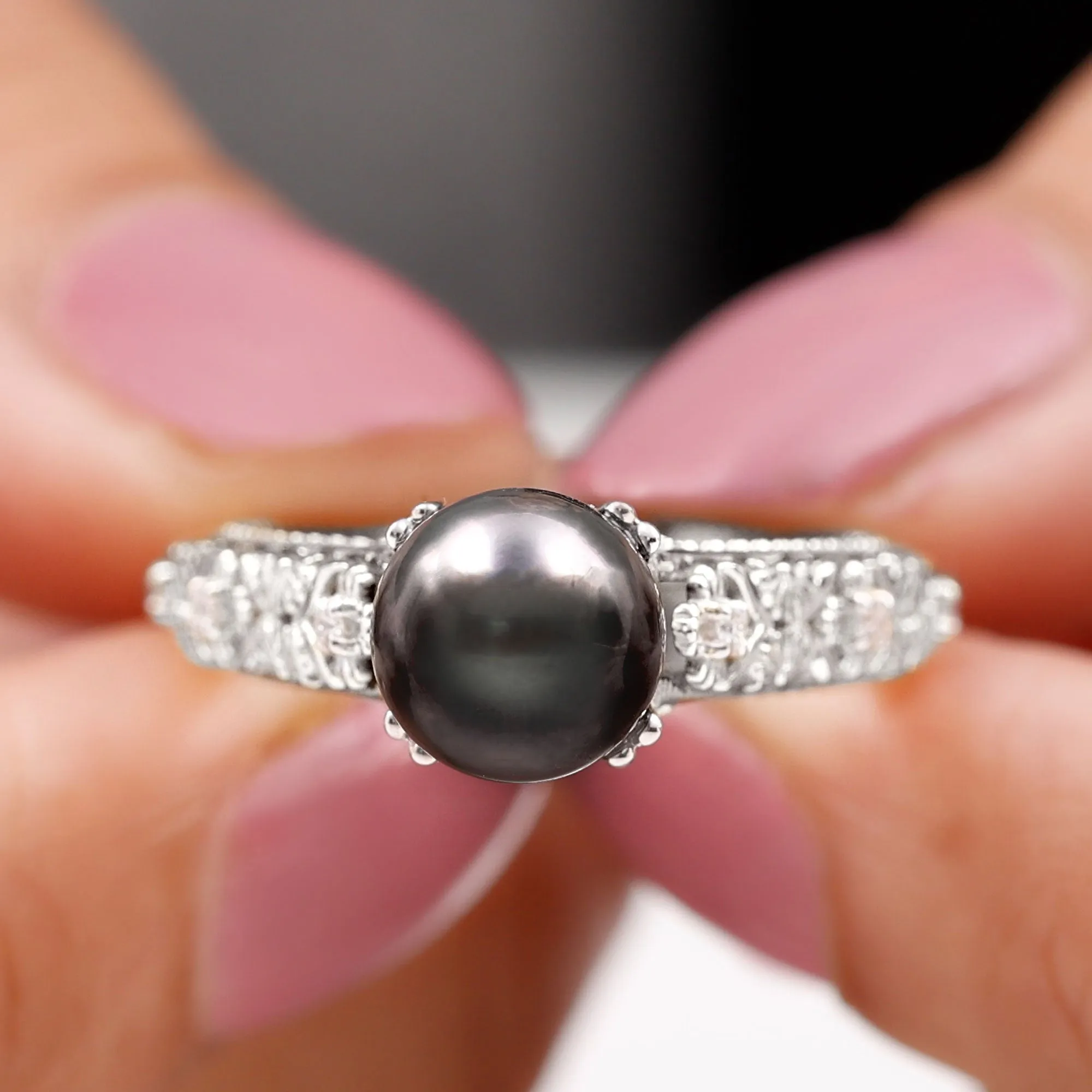 Natural Tahitian Pearl Solitaire with Diamond Filigree Ring