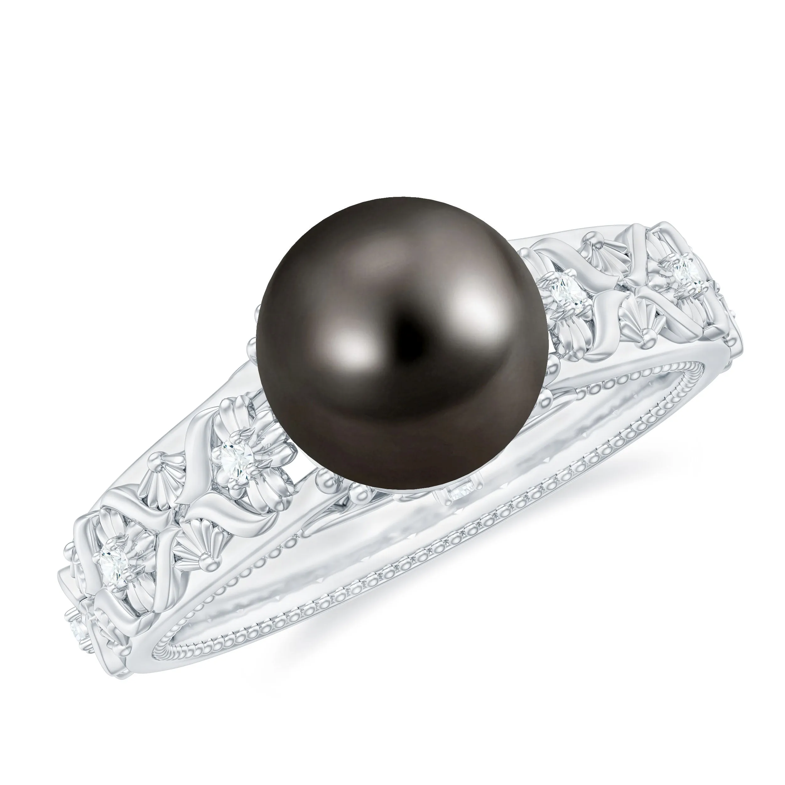 Natural Tahitian Pearl Solitaire with Diamond Filigree Ring