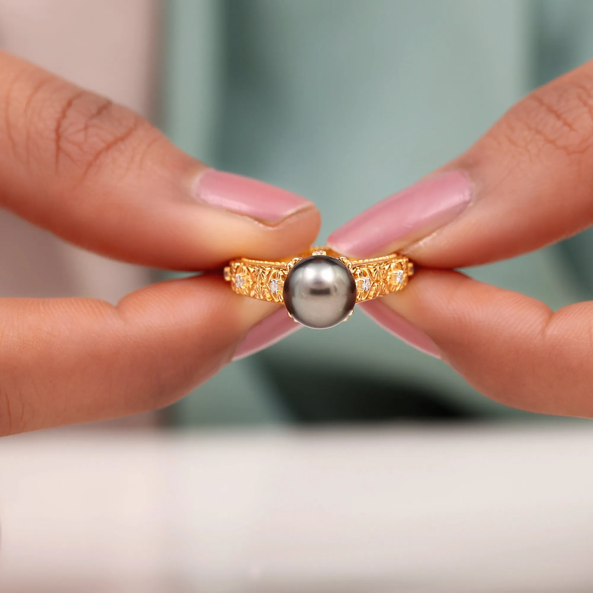 Natural Tahitian Pearl Solitaire with Diamond Filigree Ring