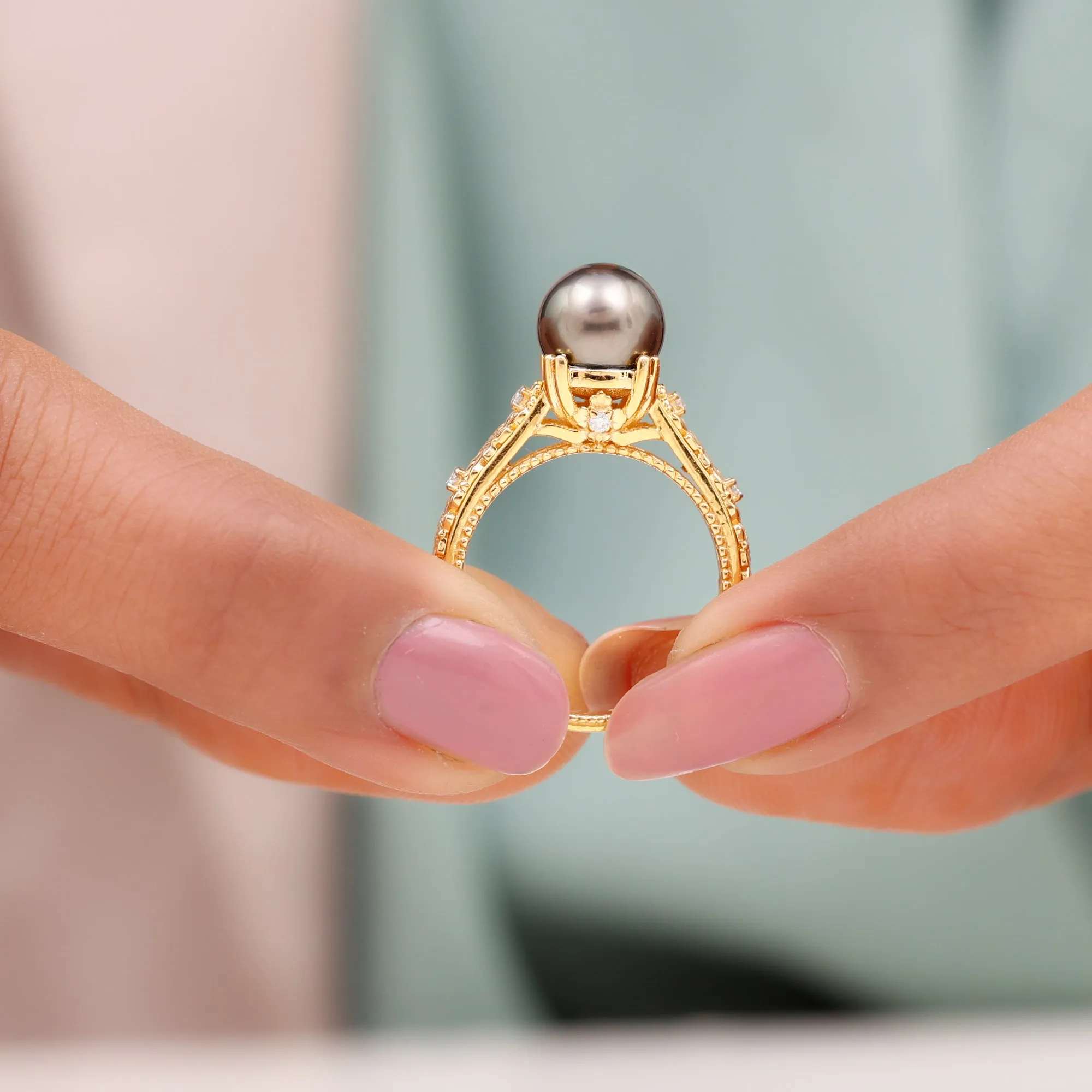 Natural Tahitian Pearl Solitaire with Diamond Filigree Ring