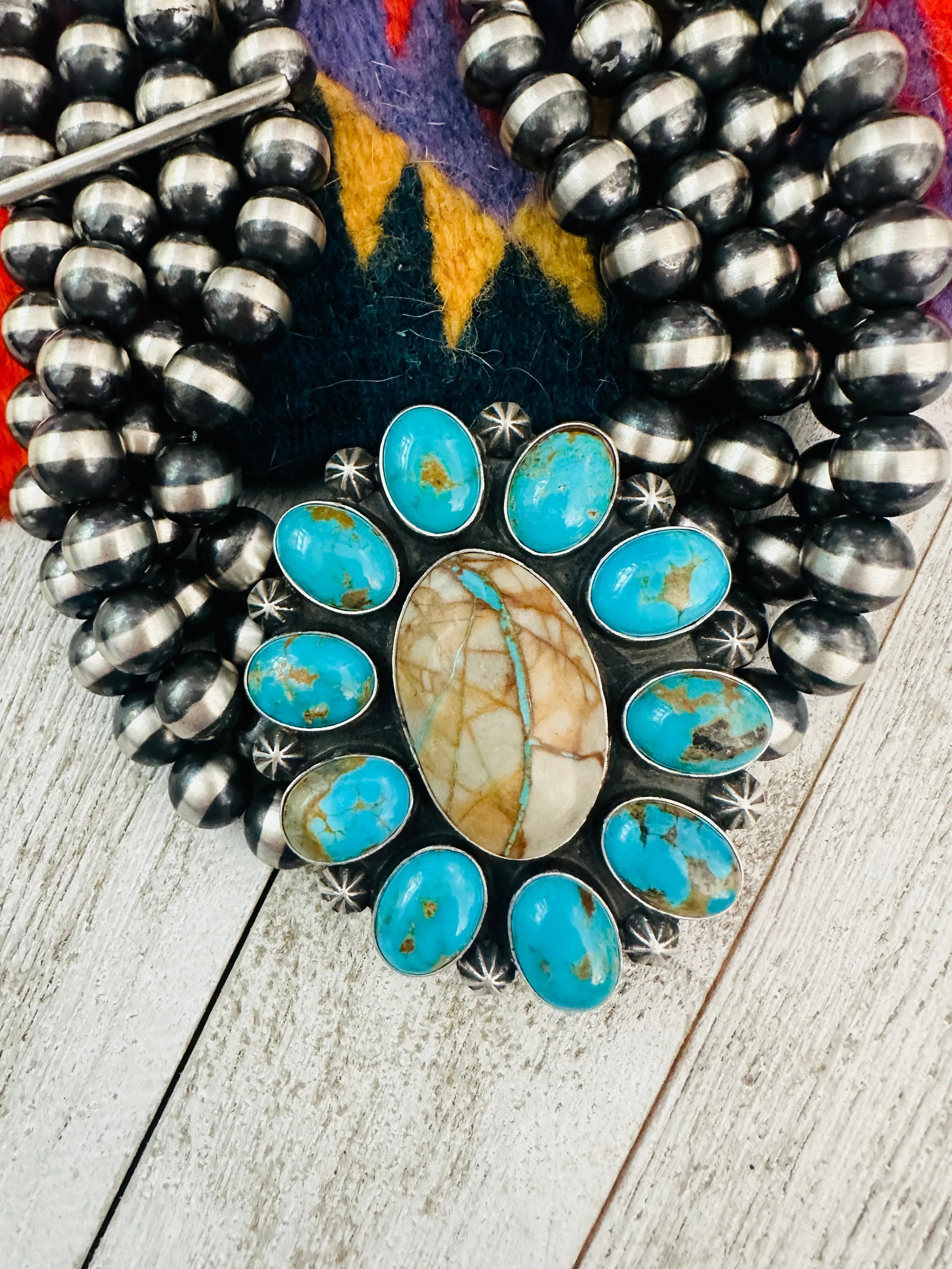 Navajo Beaded Sterling Silver & Ribbon Turquoise Cluster Necklace