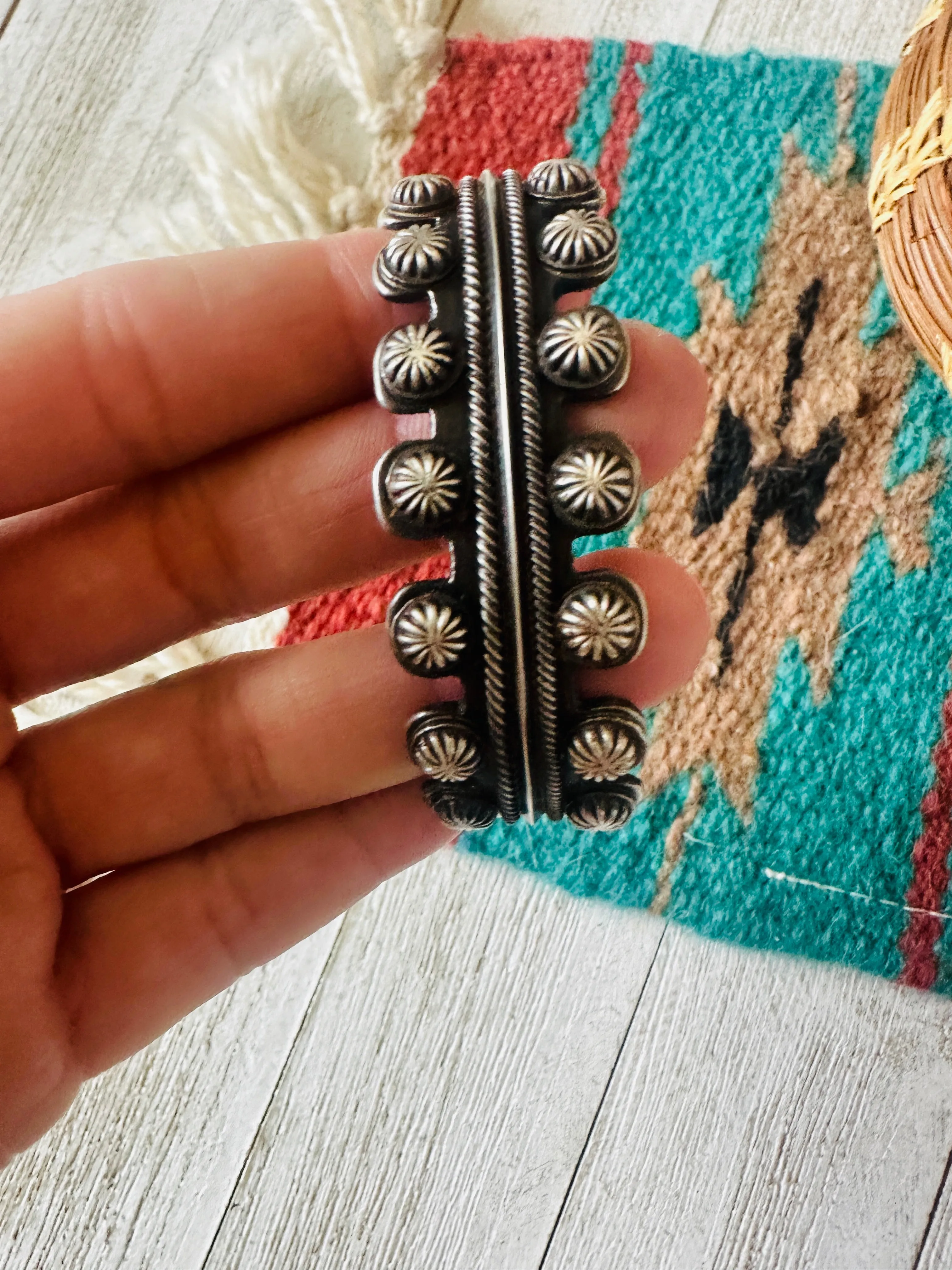 Navajo Hand Stamped Sterling Silver Studded Cuff Bracelet