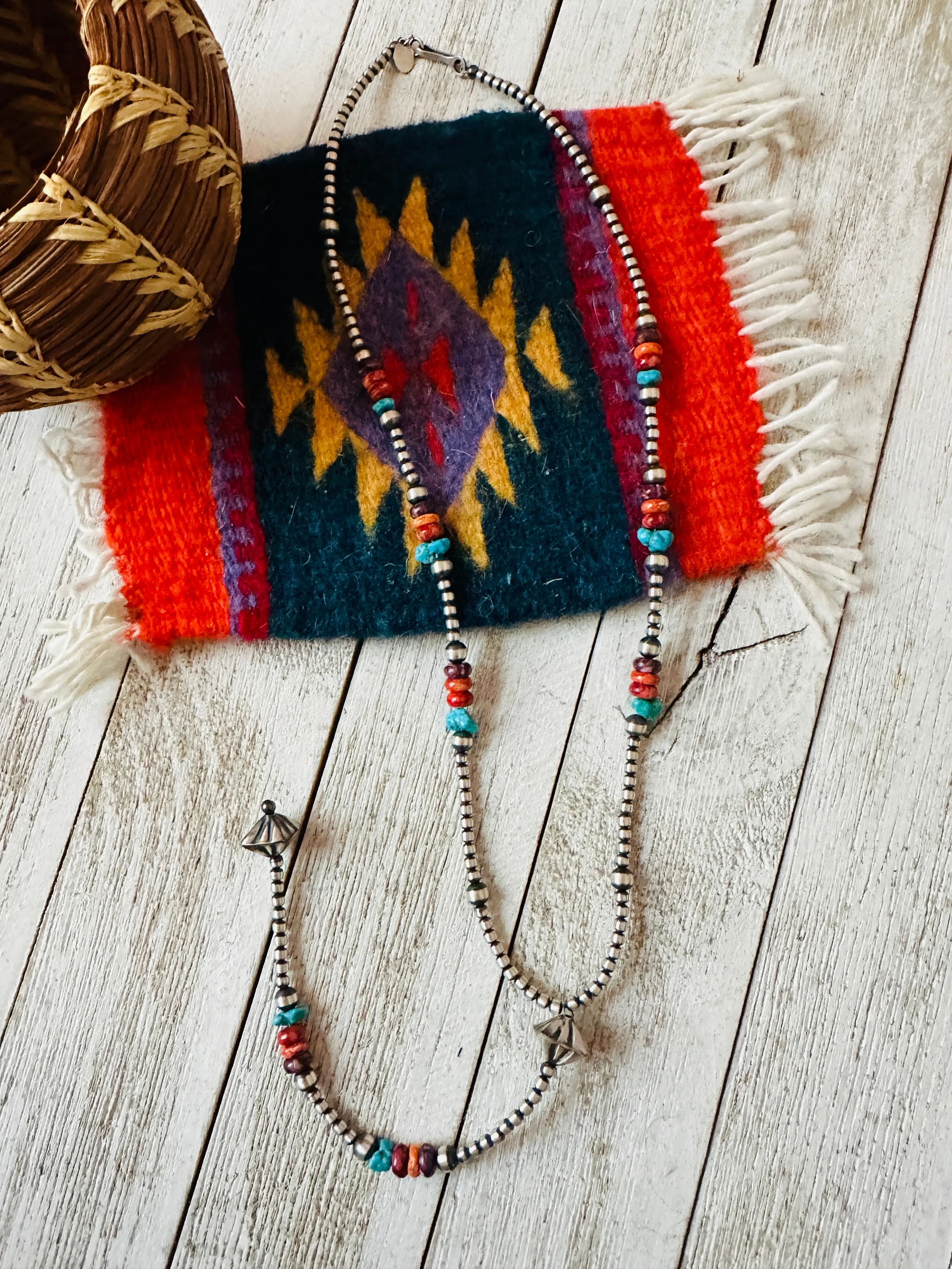 Navajo Multi Stone & Sterling Silver Pearl Beaded Lariat Necklace