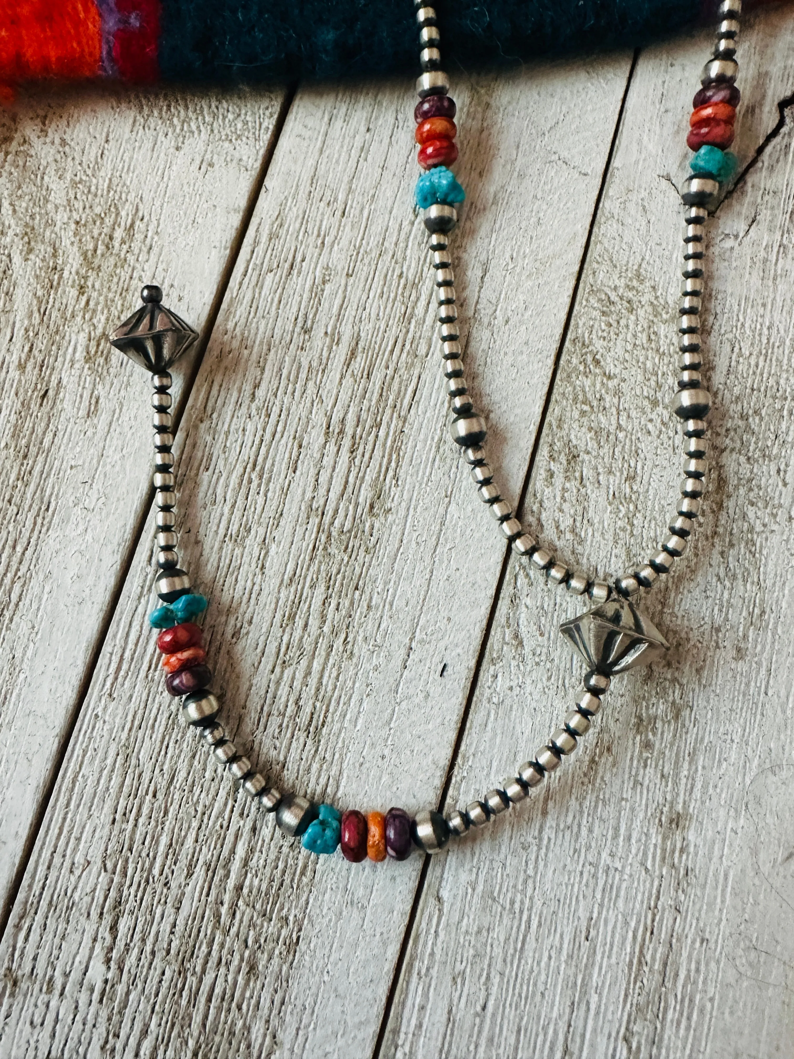 Navajo Multi Stone & Sterling Silver Pearl Beaded Lariat Necklace