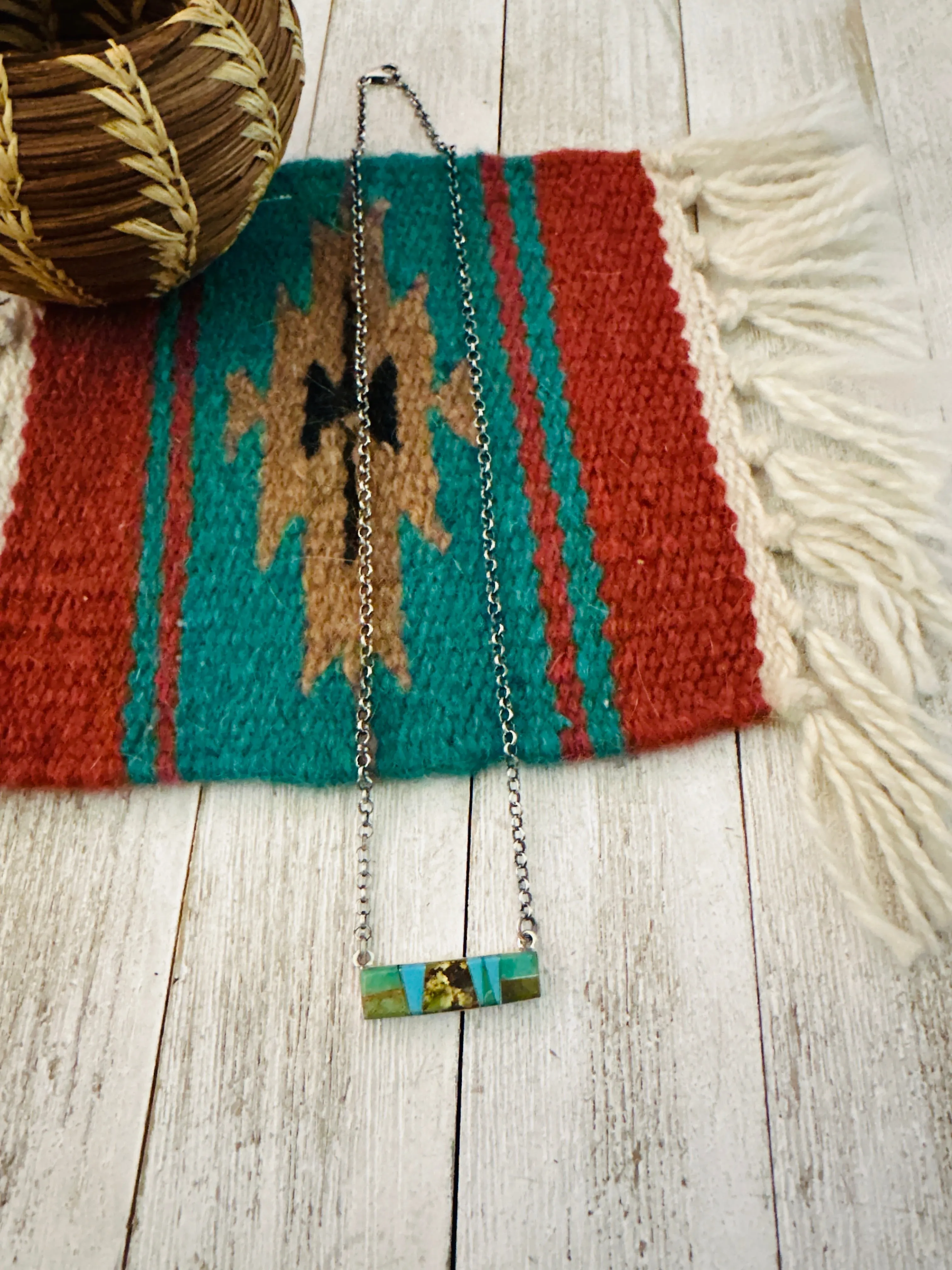 Navajo Multi Turquoise & Sterling Silver Inlay Bar Necklace