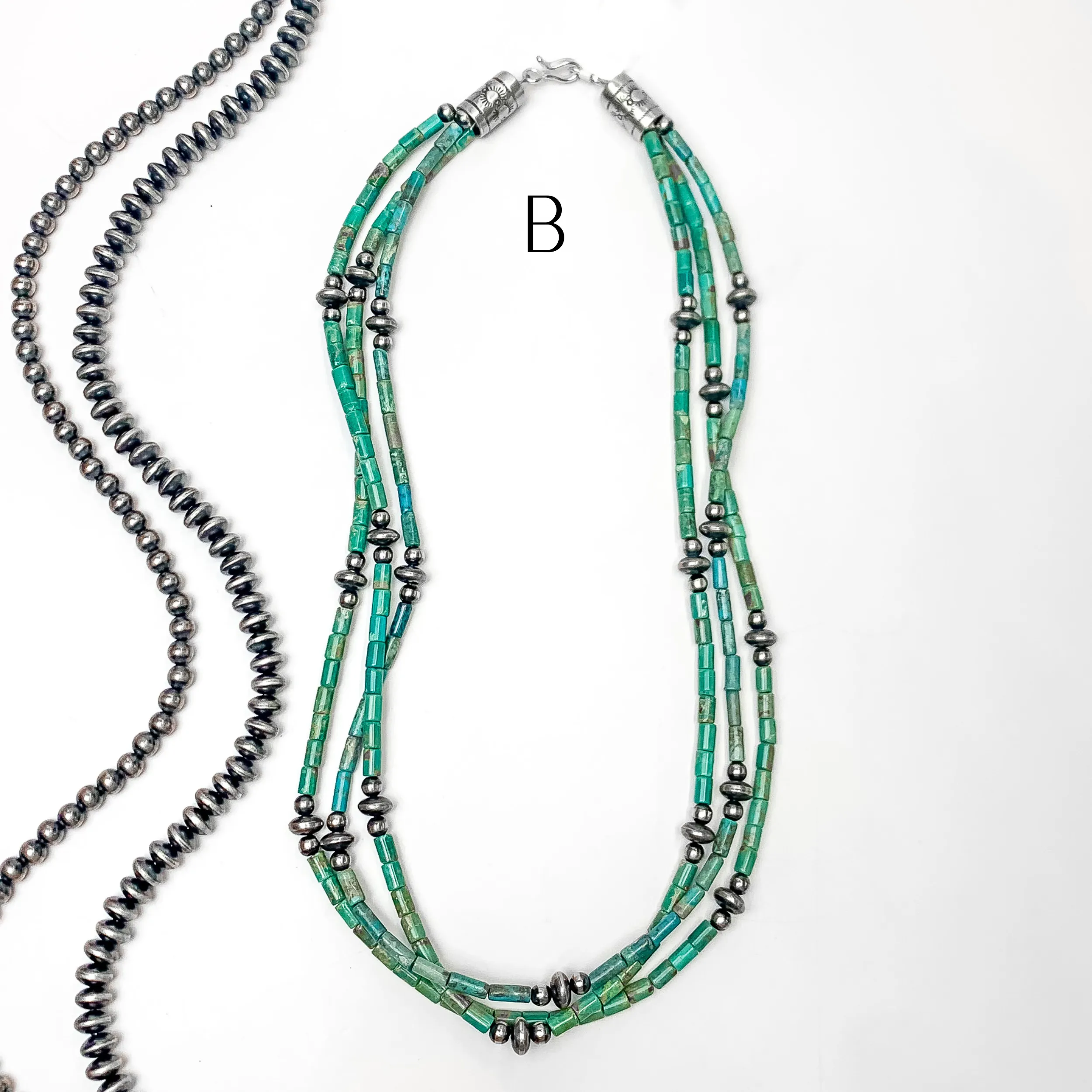 Navajo | Navajo Handmade Sterling Silver 3 Strand Turquoise Beaded Necklace with Navajo Pearl Spacer Beads