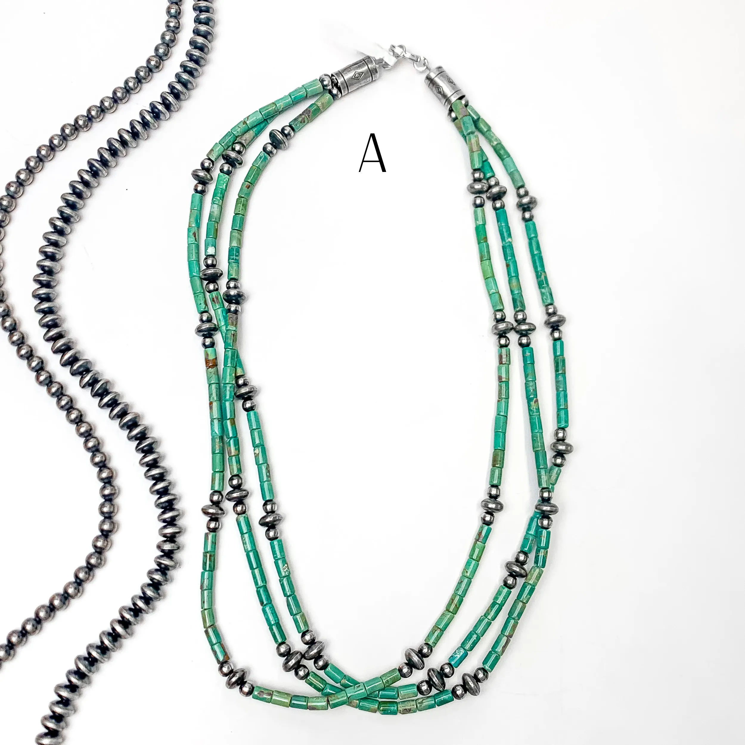 Navajo | Navajo Handmade Sterling Silver 3 Strand Turquoise Beaded Necklace with Navajo Pearl Spacer Beads