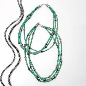 Navajo | Navajo Handmade Sterling Silver 3 Strand Turquoise Beaded Necklace with Navajo Pearl Spacer Beads