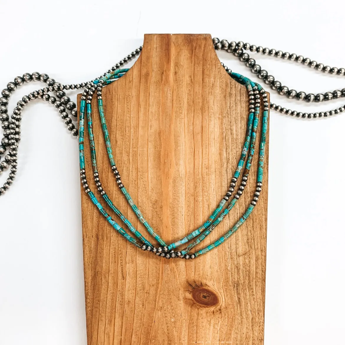 Navajo | Navajo Handmade Sterling Silver 3 Strand Turquoise Beaded Necklace with Navajo Pearls