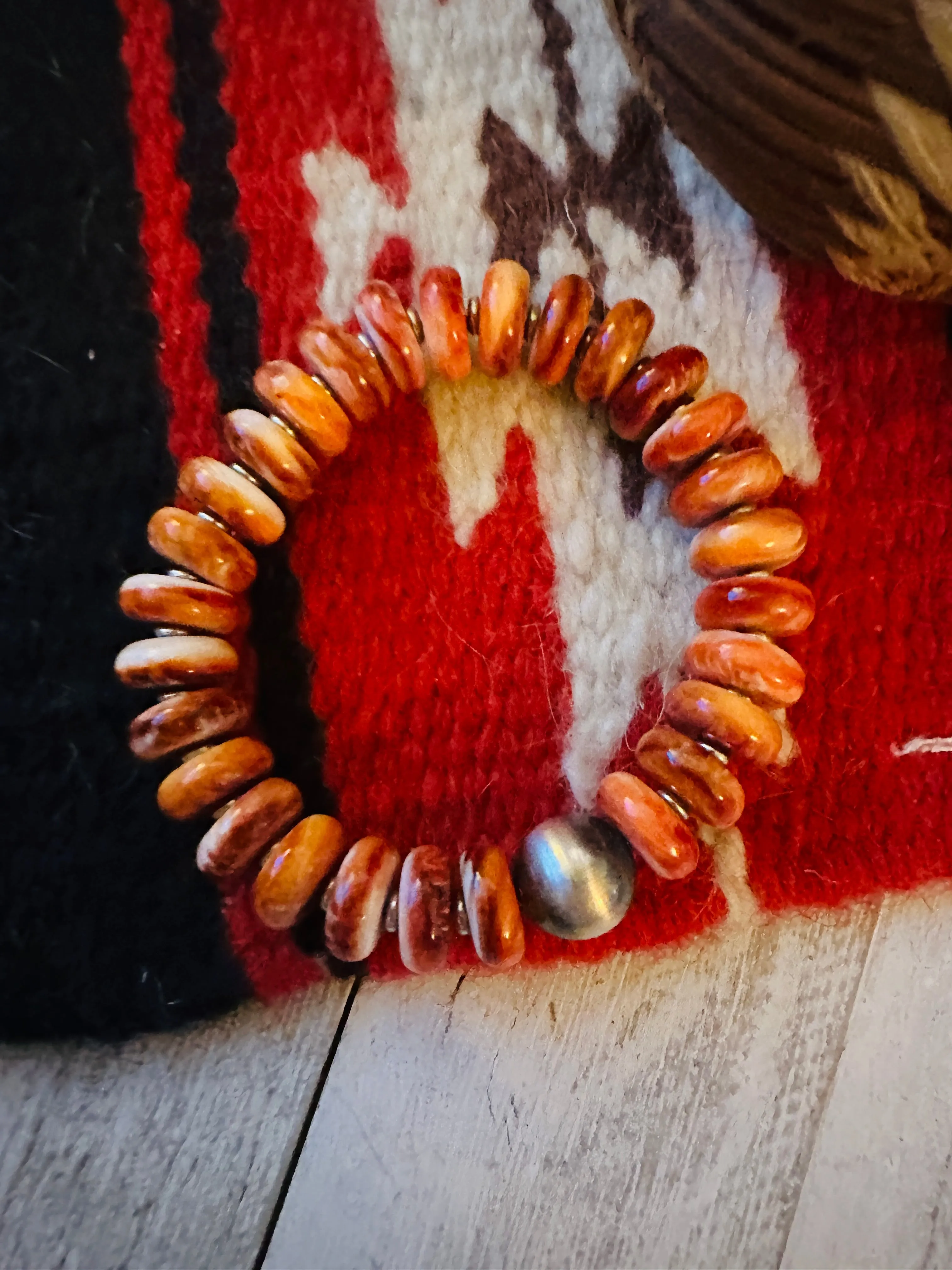 Navajo Orange Spiny & Sterling Silver Beaded Stretch Bracelet