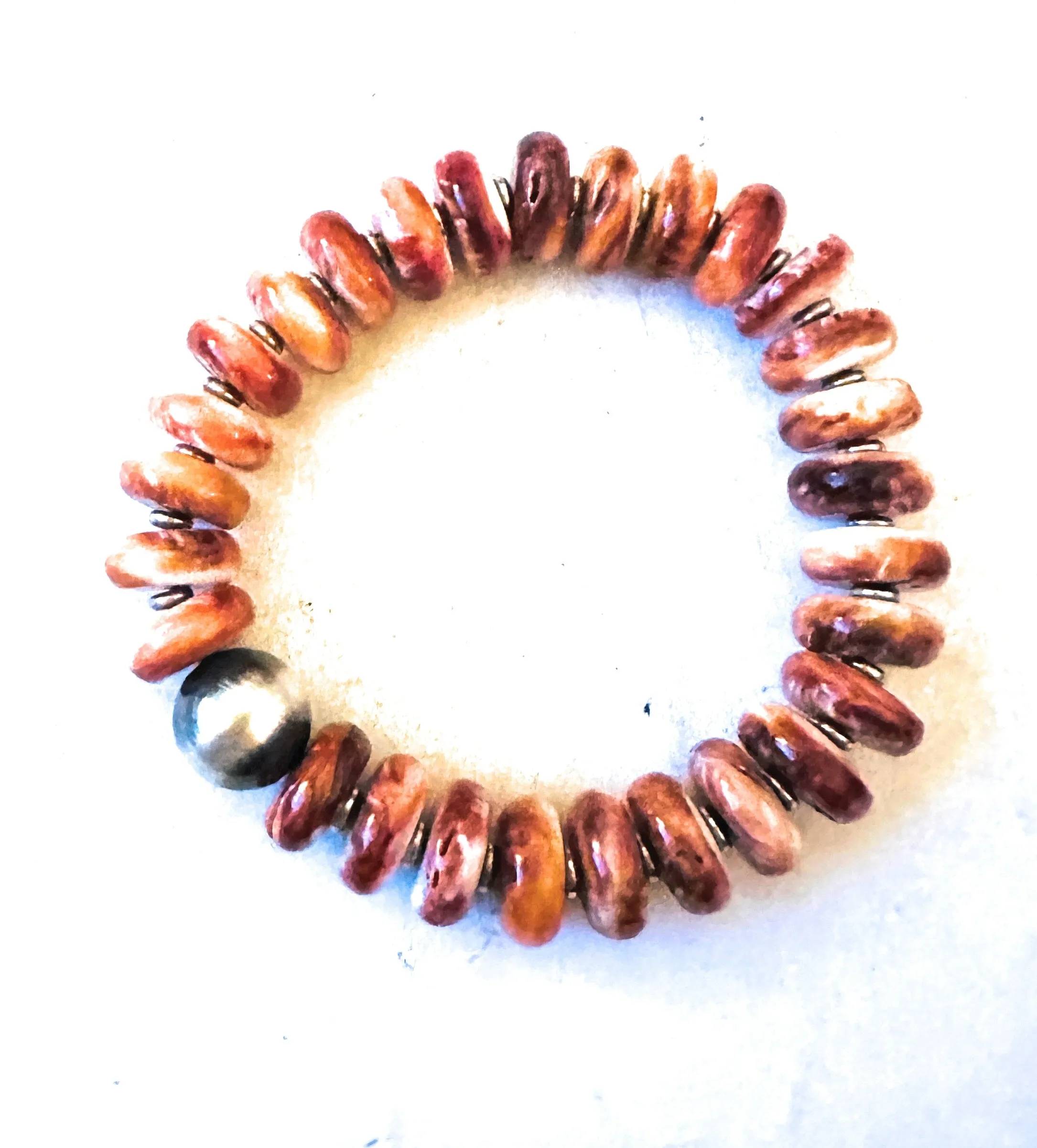 Navajo Orange Spiny & Sterling Silver Beaded Stretch Bracelet