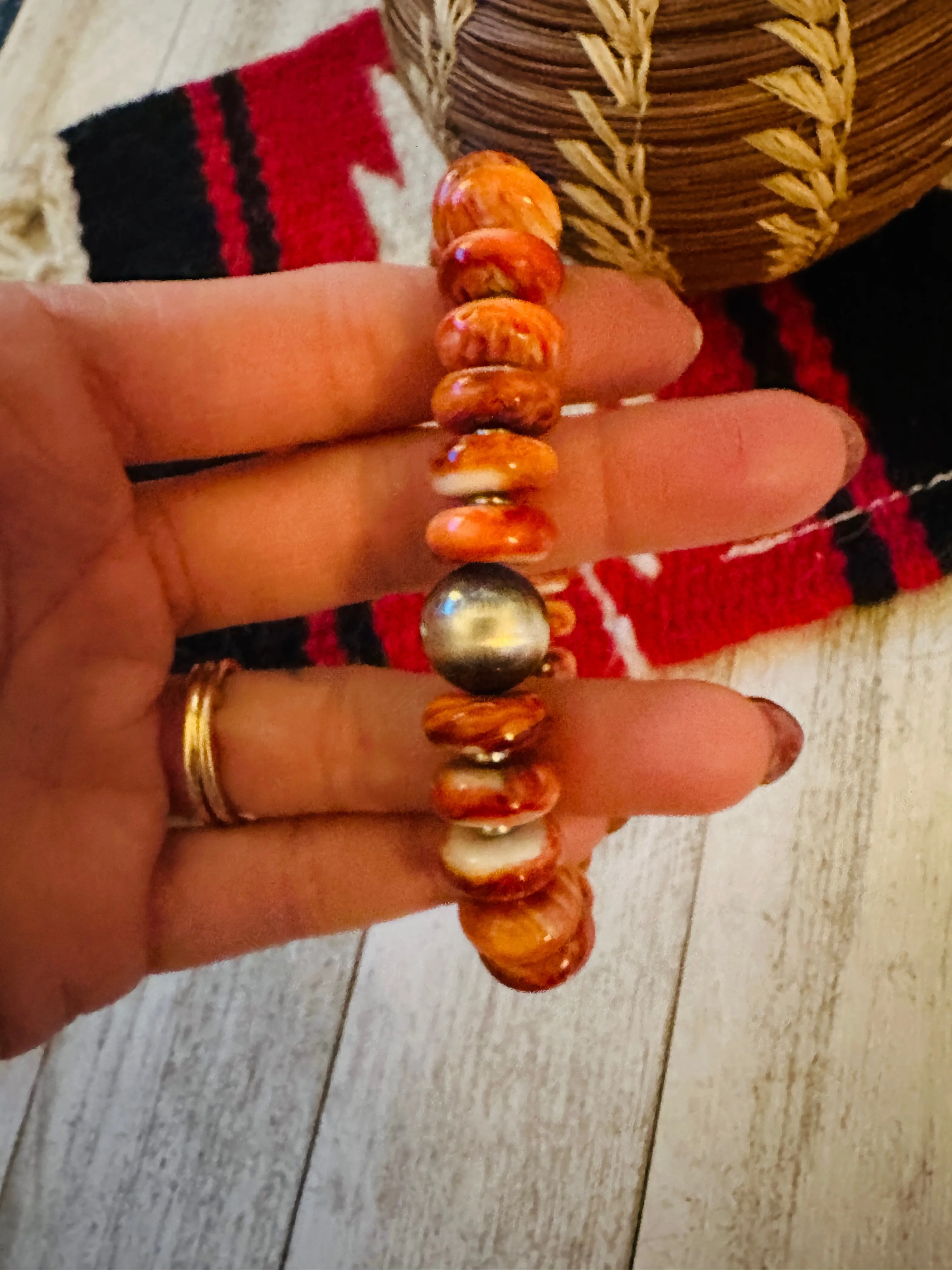 Navajo Orange Spiny & Sterling Silver Beaded Stretch Bracelet