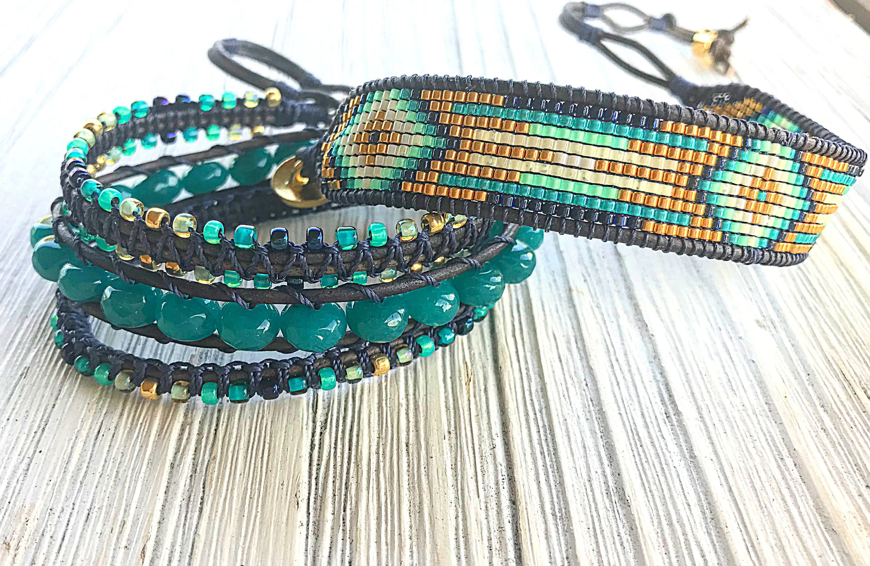 Navy, Gold, and Seafoam Macrame and Jade Wrap bracelet, boho bracelet, bohemian gift for her