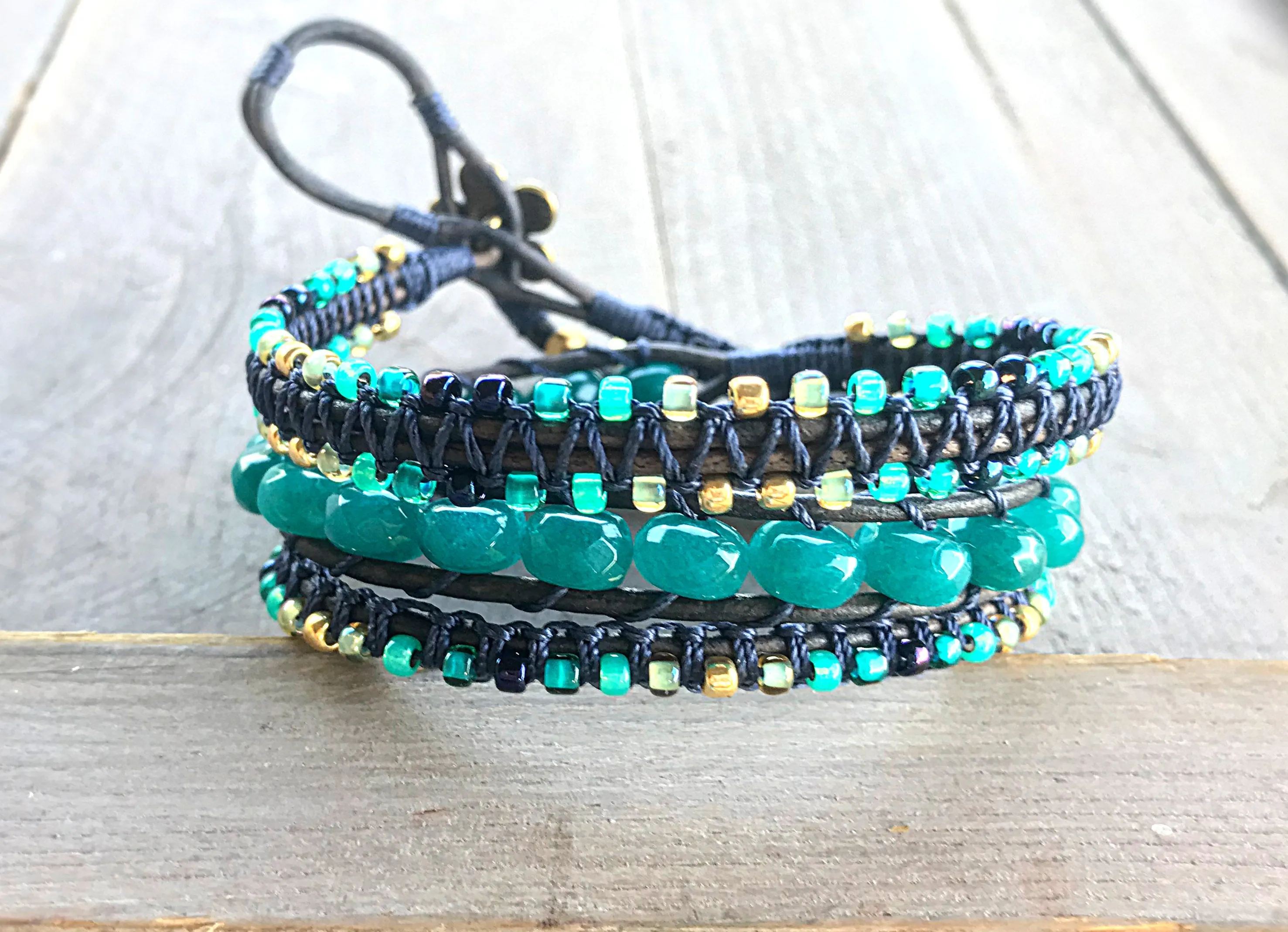 Navy, Gold, and Seafoam Macrame and Jade Wrap bracelet, boho bracelet, bohemian gift for her