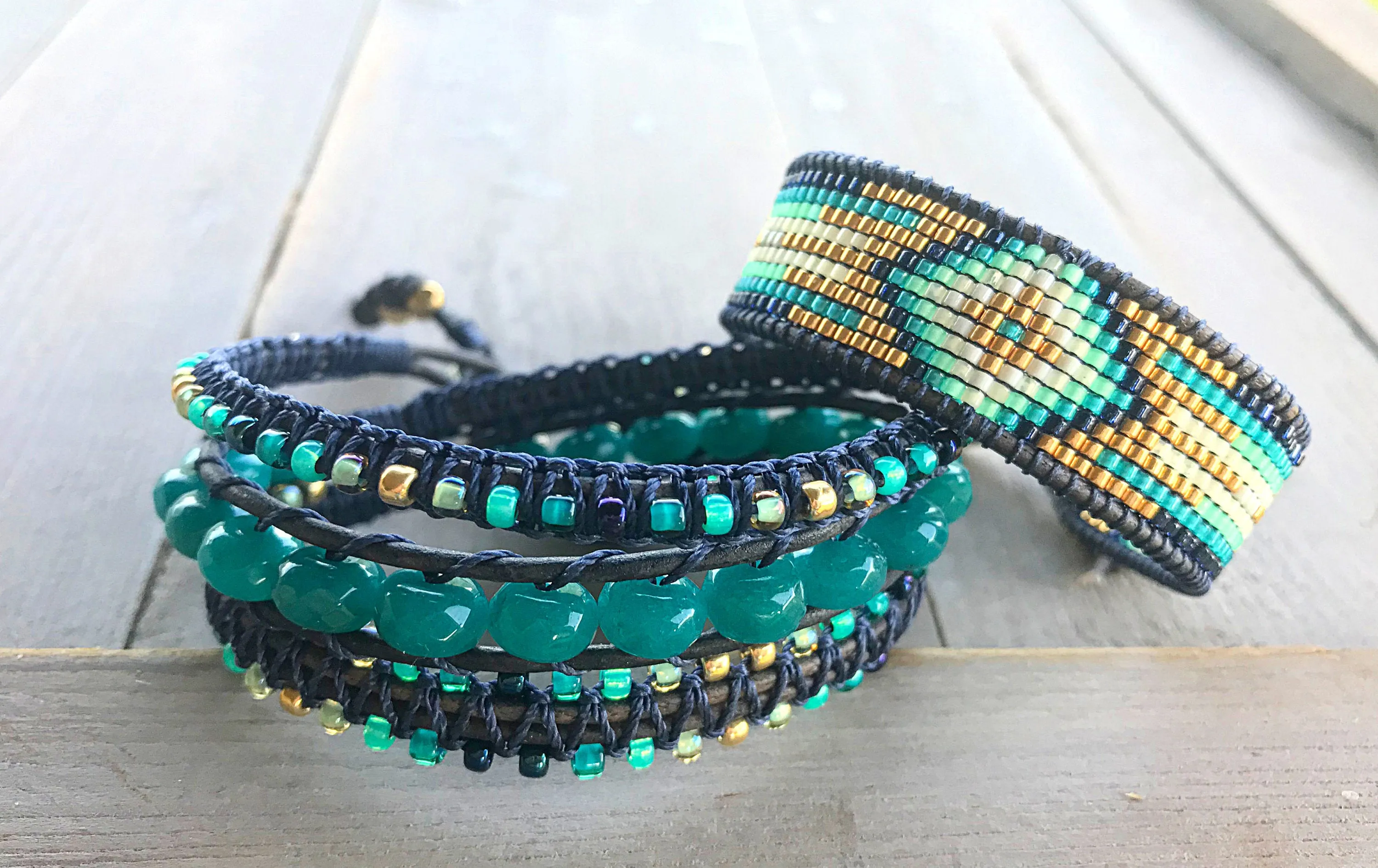 Navy, Gold, and Seafoam Macrame and Jade Wrap bracelet, boho bracelet, bohemian gift for her