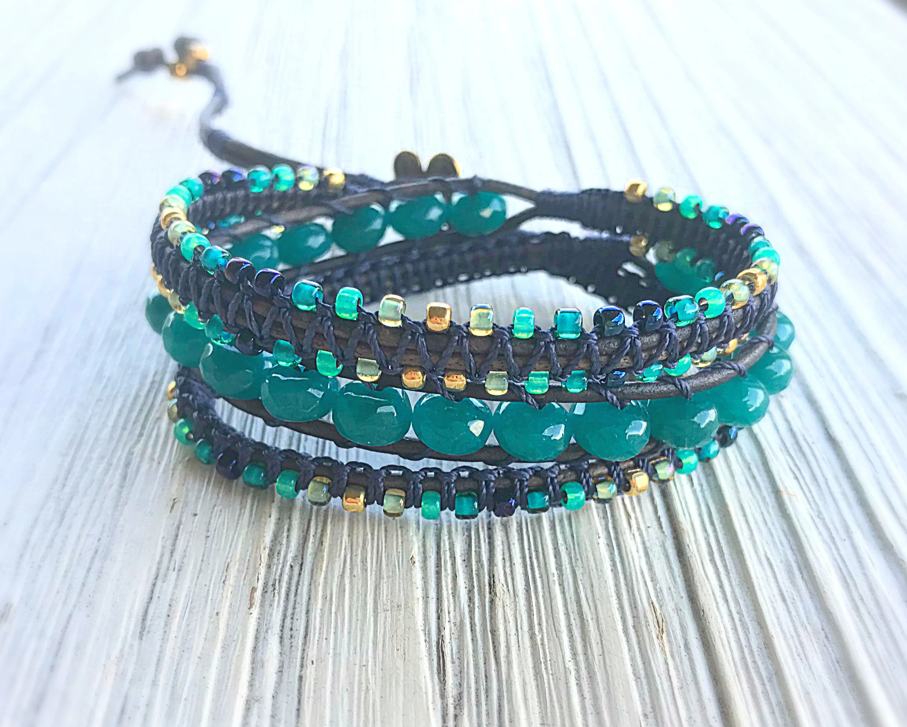 Navy, Gold, and Seafoam Macrame and Jade Wrap bracelet, boho bracelet, bohemian gift for her