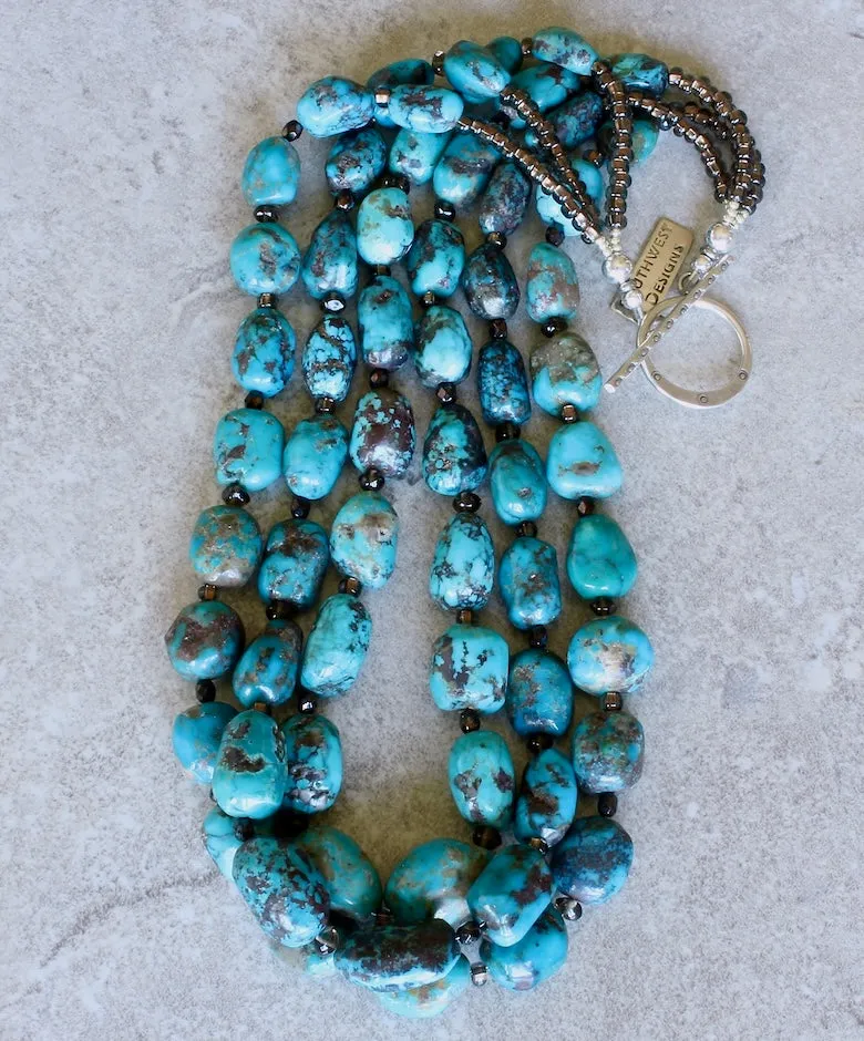 Nevada Turquoise Graduated Ovals 3-Strand Necklace with Smoky Quartz, Czech Glass and Sterling Silver