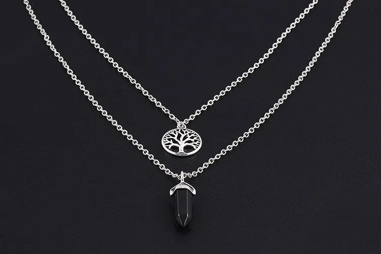 New Fashion Alloy Silver-plated Double Chain necklace jewelry Round Tree Punk black gem necklace pendants statement