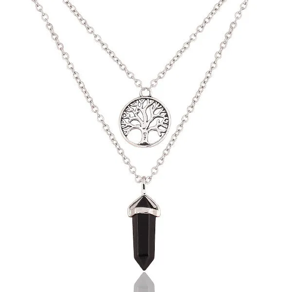 New Fashion Alloy Silver-plated Double Chain necklace jewelry Round Tree Punk black gem necklace pendants statement