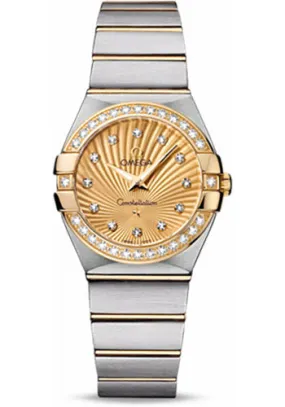 Omega Ladies Constellation Quartz Watch - 27 mm Brushed Steel And Yellow Gold Case - Diamond Bezel - Champagne Diamond Dial - 123.25.27.60.58.001