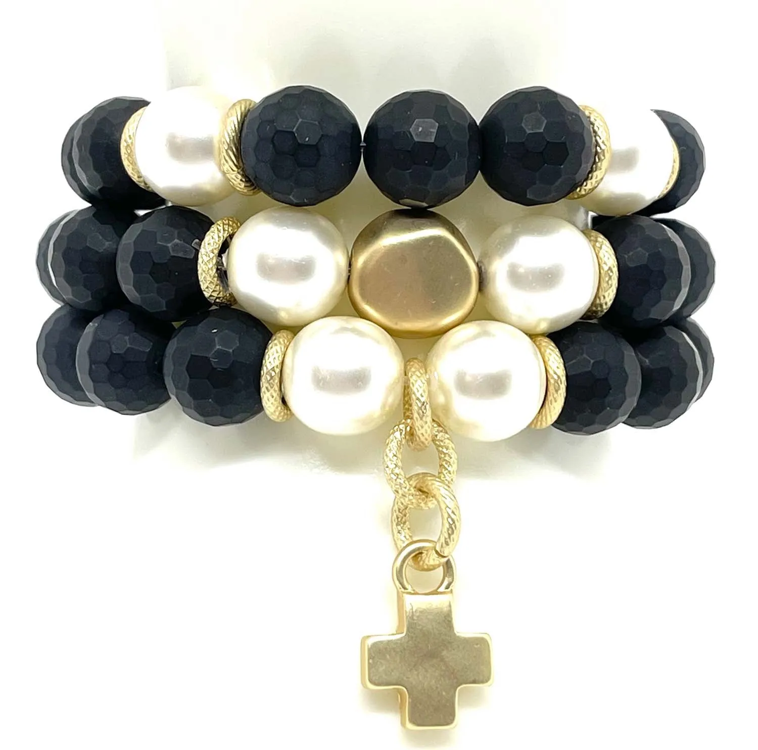 Onyx And Glass Pearl Matte Gold Nugget Stretch Bracelet